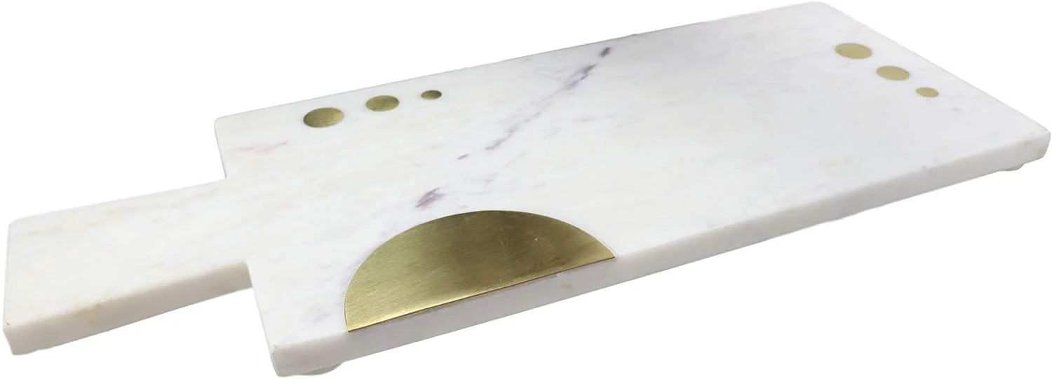 White Banswara Marble Hors D’oeuvres Cheese Board With Brass Gold Inlays 17.5"L - Image 2