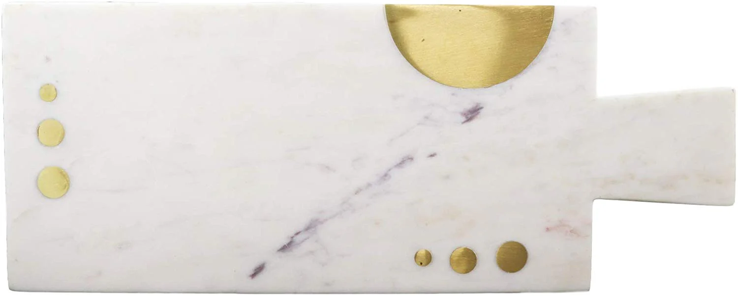 White Banswara Marble Hors D’oeuvres Cheese Board With Brass Gold Inlays 17.5"L - Image 3