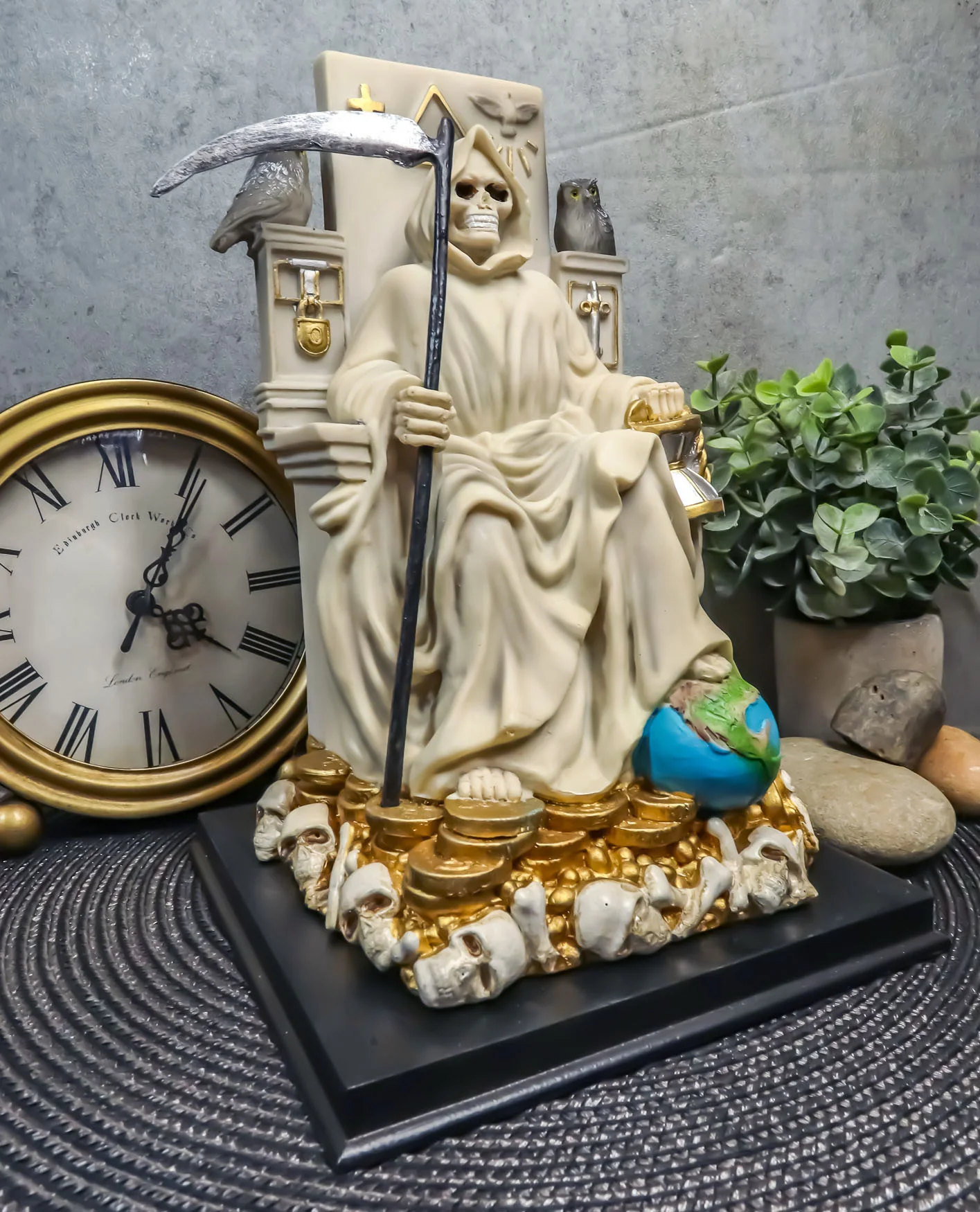 Ebros White Robe Santa Muerte Holy Seated On Throne with Scythe Statue 10.5"H - Image 8