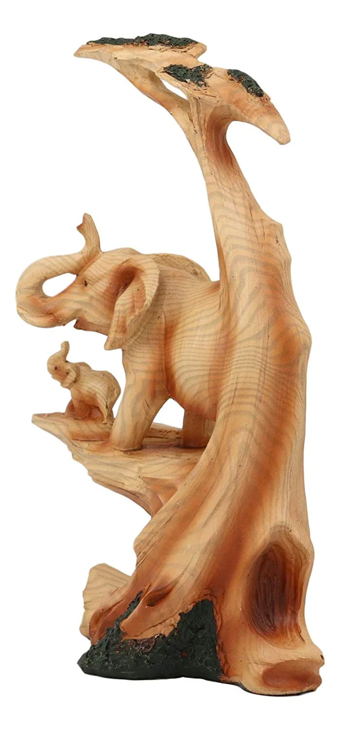 Wildlife Elephant Father With Calf In Savanna Scenery Statue Faux Wood Resin - Image 3