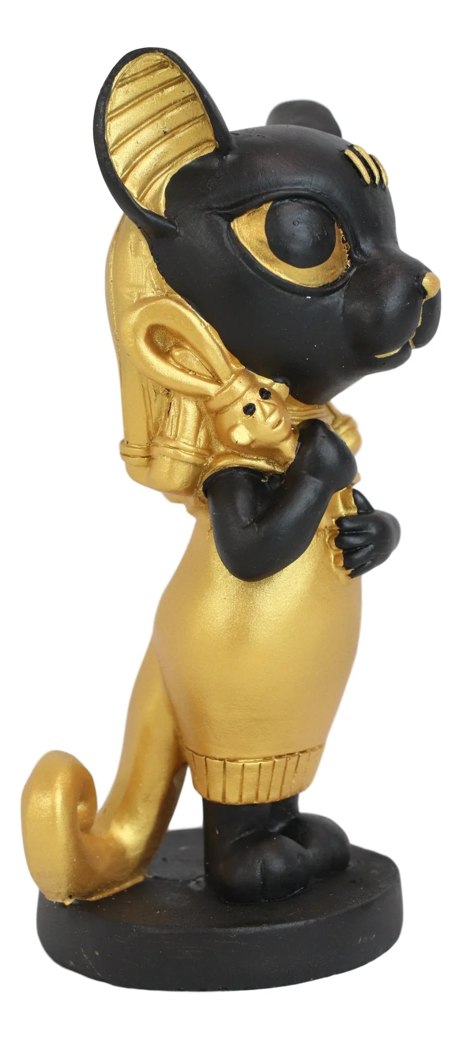 Egyptian Goddess Cat Bastet Holding Ankh Black Gold Finish Chibi Small Figurine - Image 2