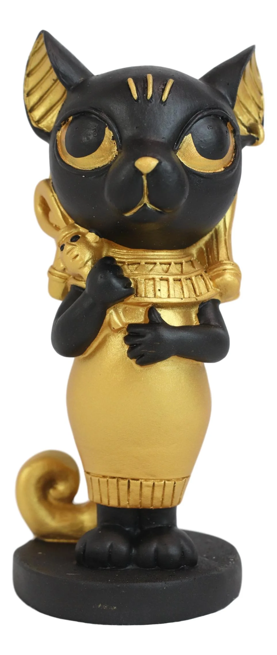 Egyptian Goddess Cat Bastet Holding Ankh Black Gold Finish Chibi Small Figurine - Image 4