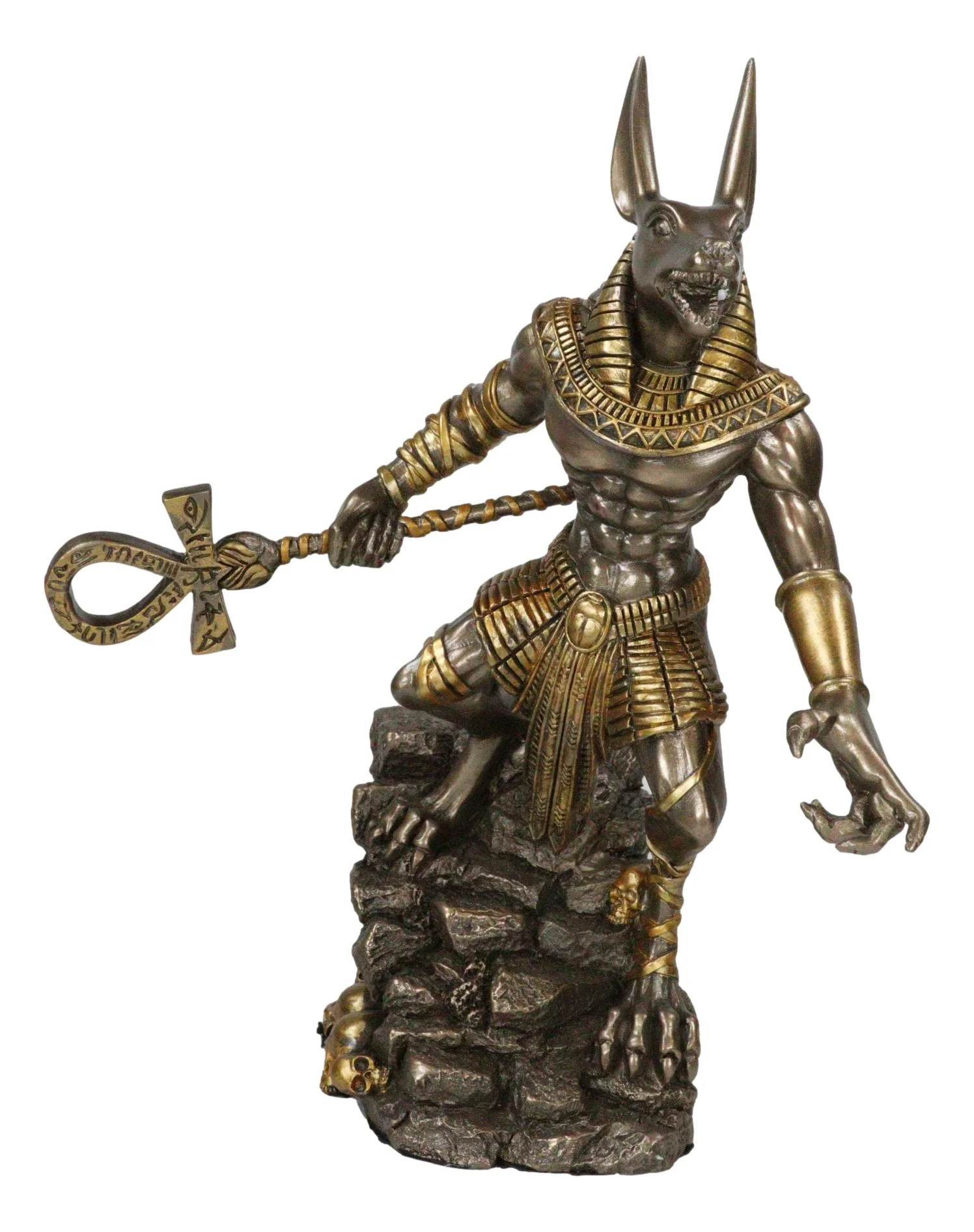 Egyptian Jackal God Anubis With Ankh Spear On Skull Graveyard Bronzed Figurine - Image 2