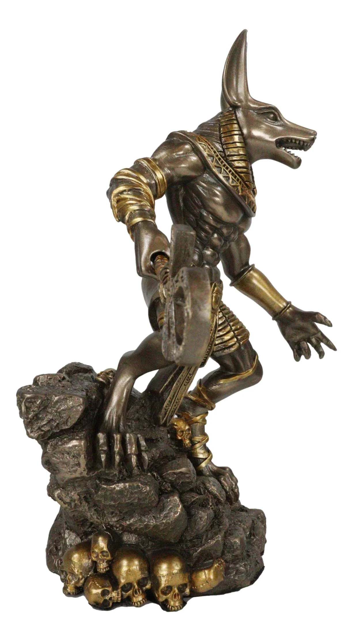 Egyptian Jackal God Anubis With Ankh Spear On Skull Graveyard Bronzed Figurine - Image 3
