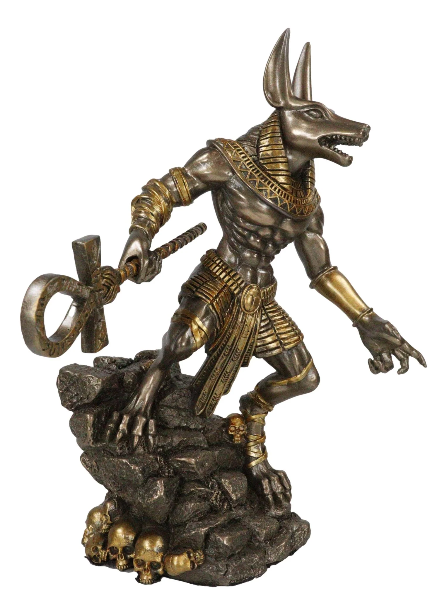 Egyptian Jackal God Anubis With Ankh Spear On Skull Graveyard Bronzed Figurine - Image 5