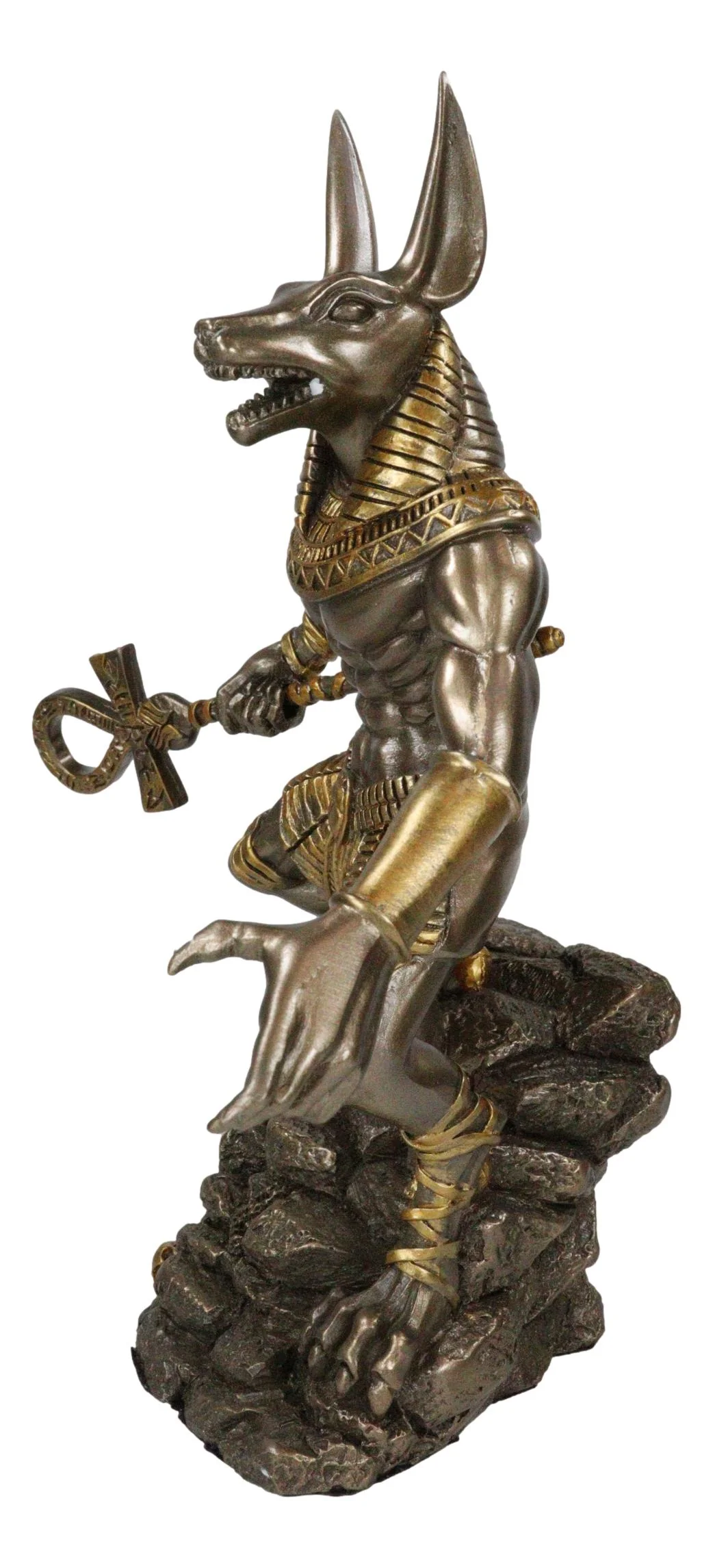 Egyptian Jackal God Anubis With Ankh Spear On Skull Graveyard Bronzed Figurine - Image 6