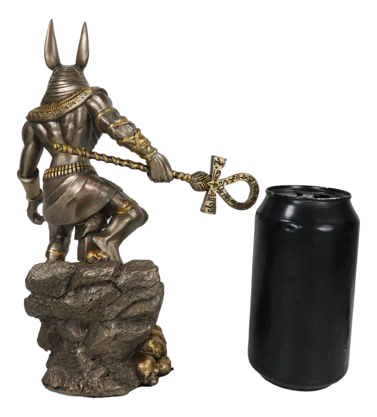 Egyptian Jackal God Anubis With Ankh Spear On Skull Graveyard Bronzed Figurine - Image 7