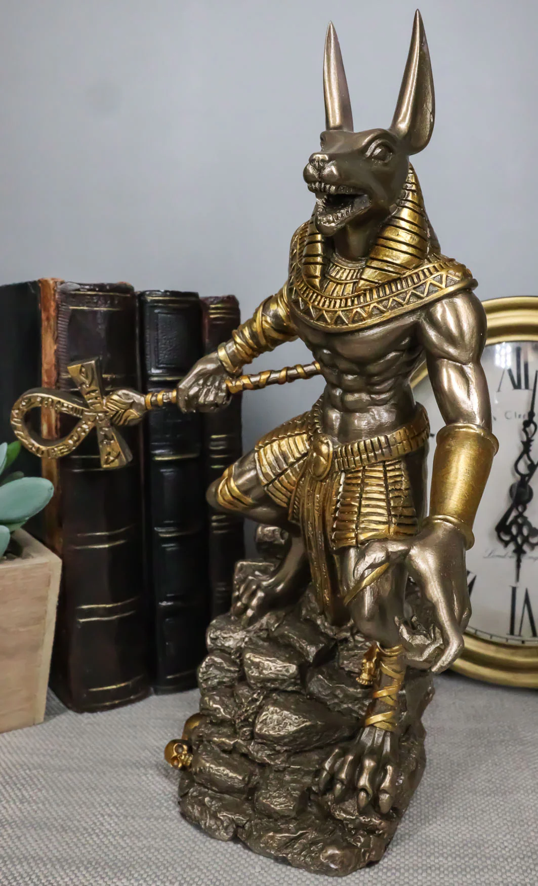 Egyptian Jackal God Anubis With Ankh Spear On Skull Graveyard Bronzed Figurine - Image 8