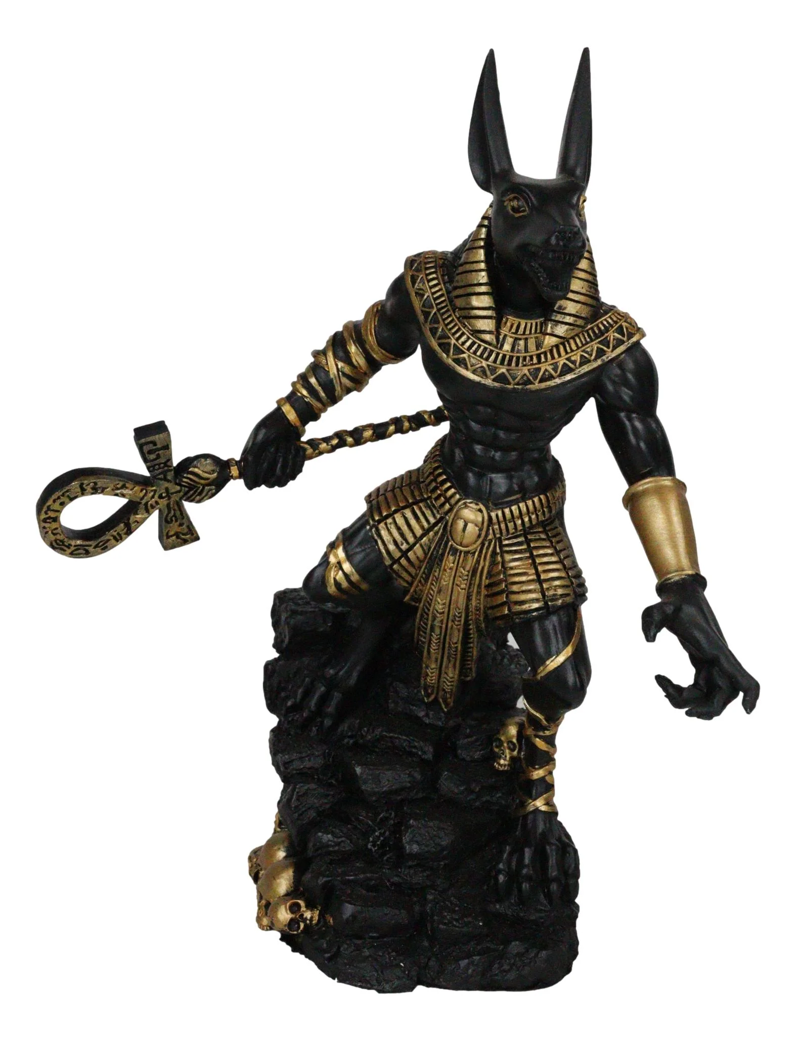 Egyptian Jackal God Anubis With Ankh Staff Spear On Skull Graveyard Figurine - Image 3