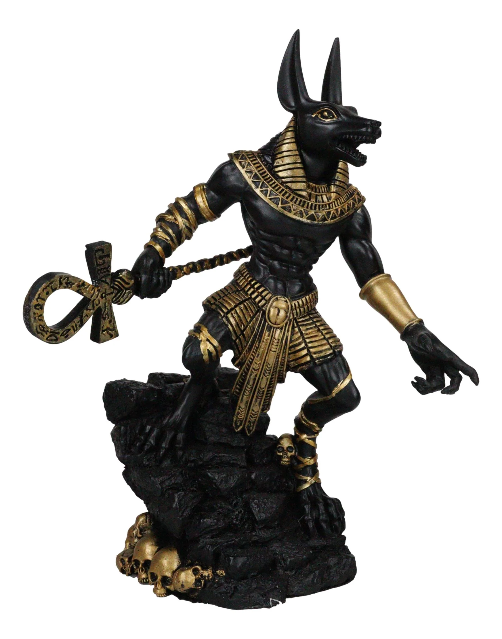Egyptian Jackal God Anubis With Ankh Staff Spear On Skull Graveyard Figurine - Image 4