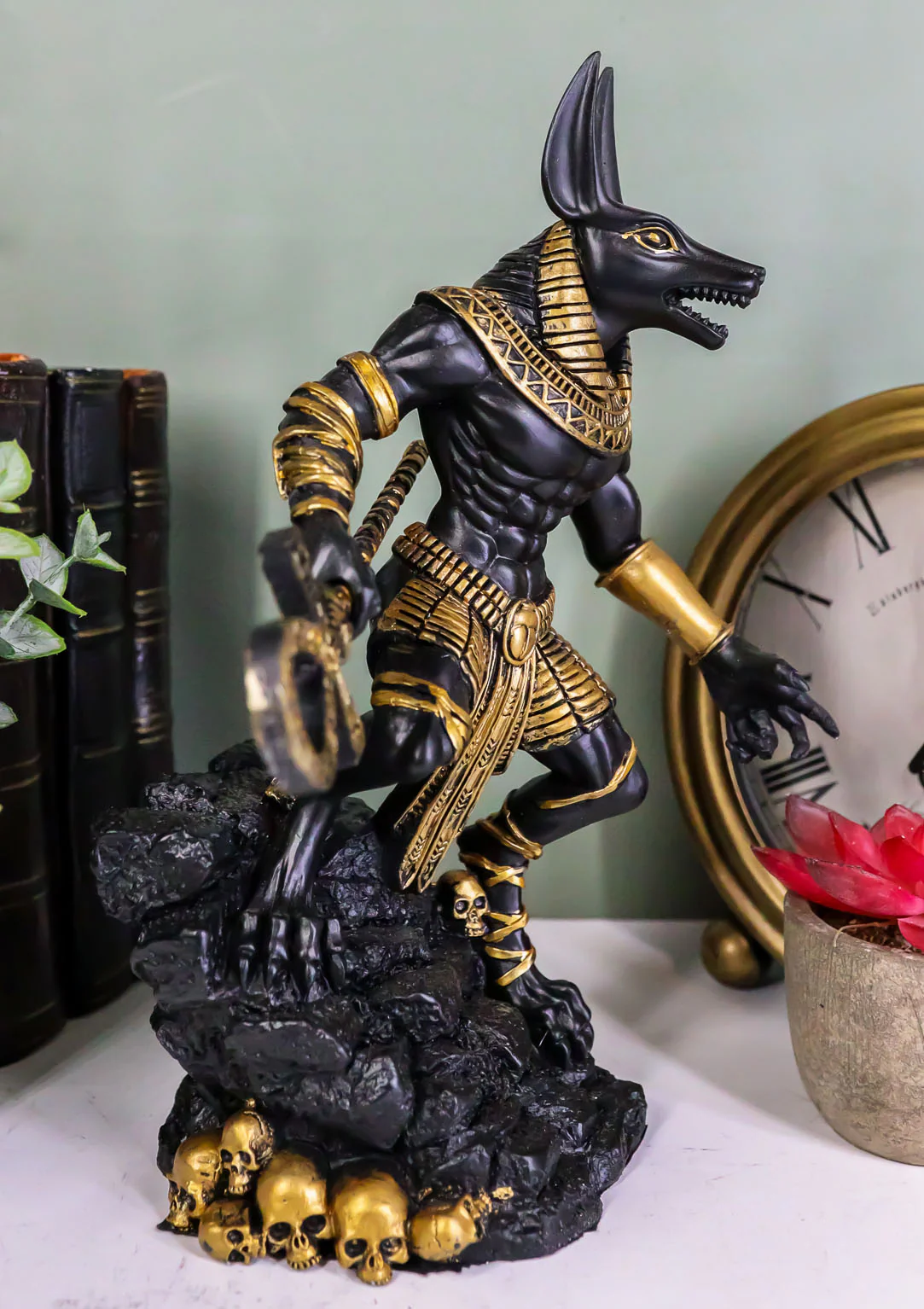 Egyptian Jackal God Anubis With Ankh Staff Spear On Skull Graveyard Figurine - Image 7