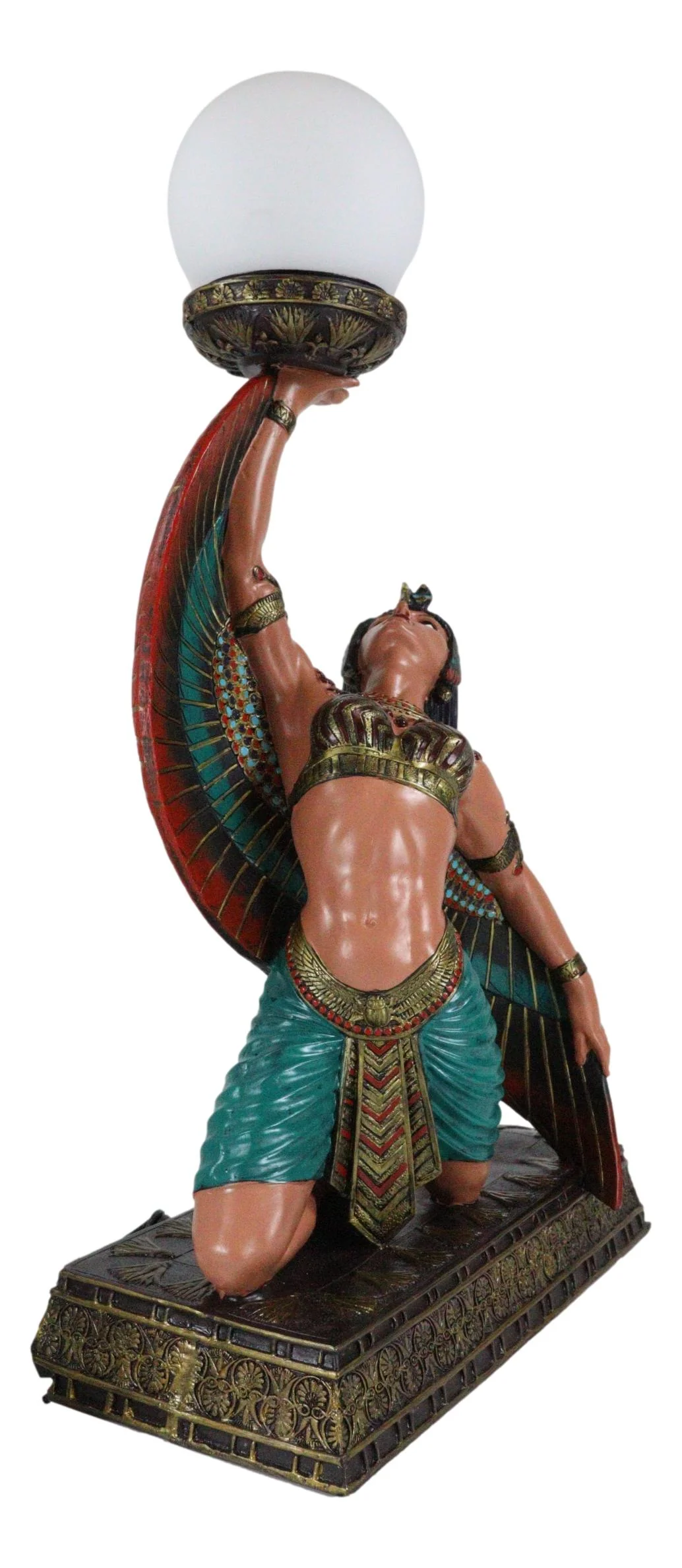 Egyptian Winged Goddess Isis Dancing Side Table Glass Orb Sphere Lamp Statue - Image 2