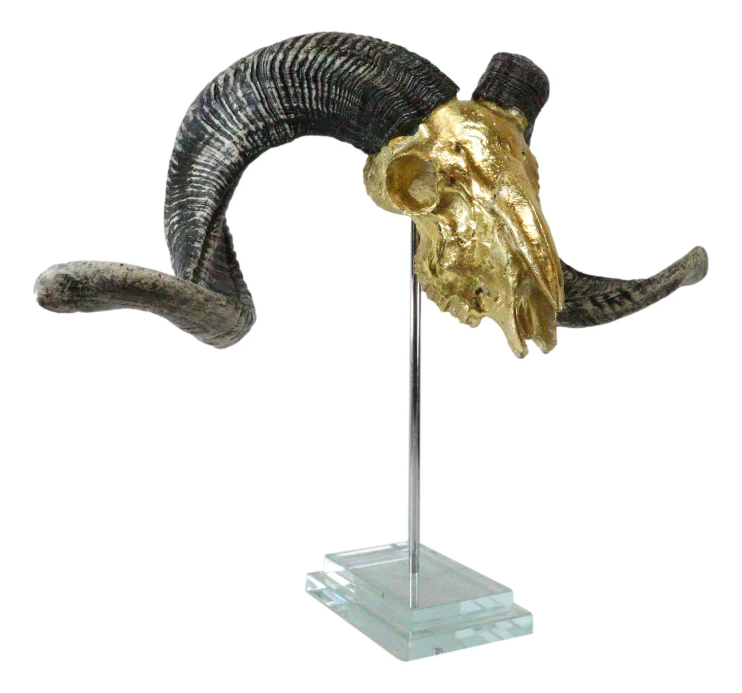 Electroplated Gold Realistic Bighorn Sheep Ram Skull Sculpture On Pole Stand - Image 3