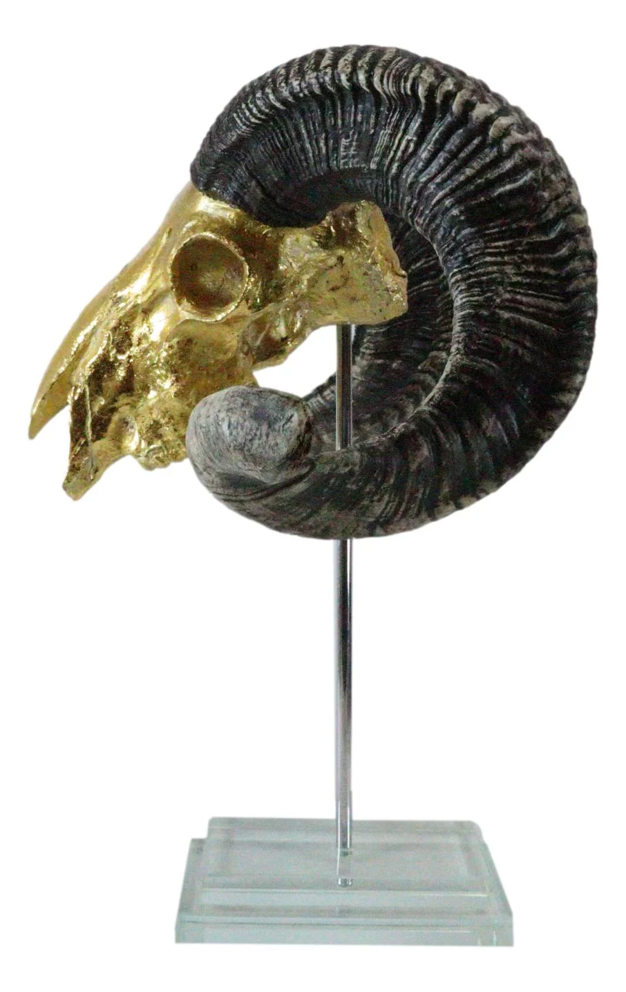 Electroplated Gold Realistic Bighorn Sheep Ram Skull Sculpture On Pole Stand - Image 5