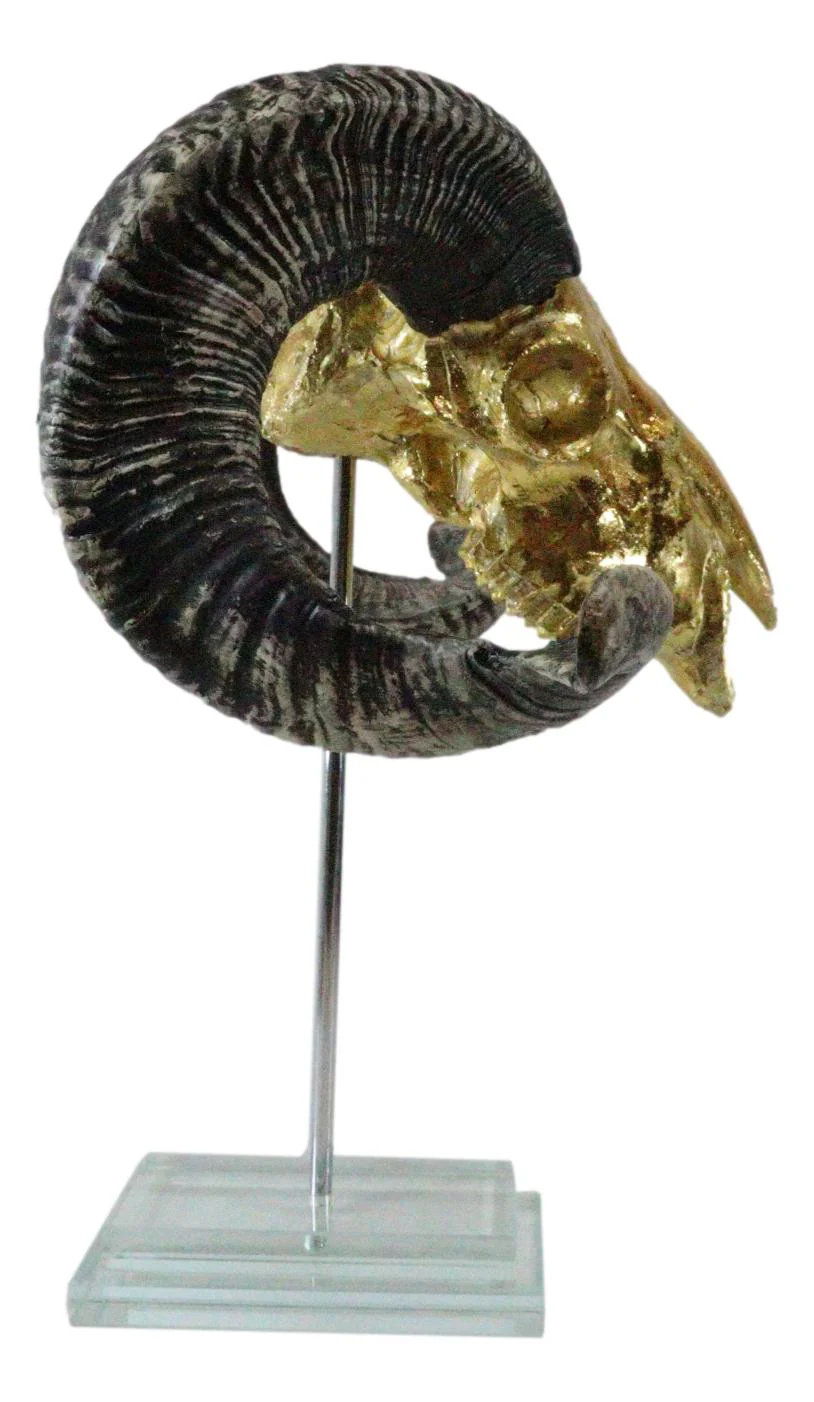 Electroplated Gold Realistic Bighorn Sheep Ram Skull Sculpture On Pole Stand - Image 6