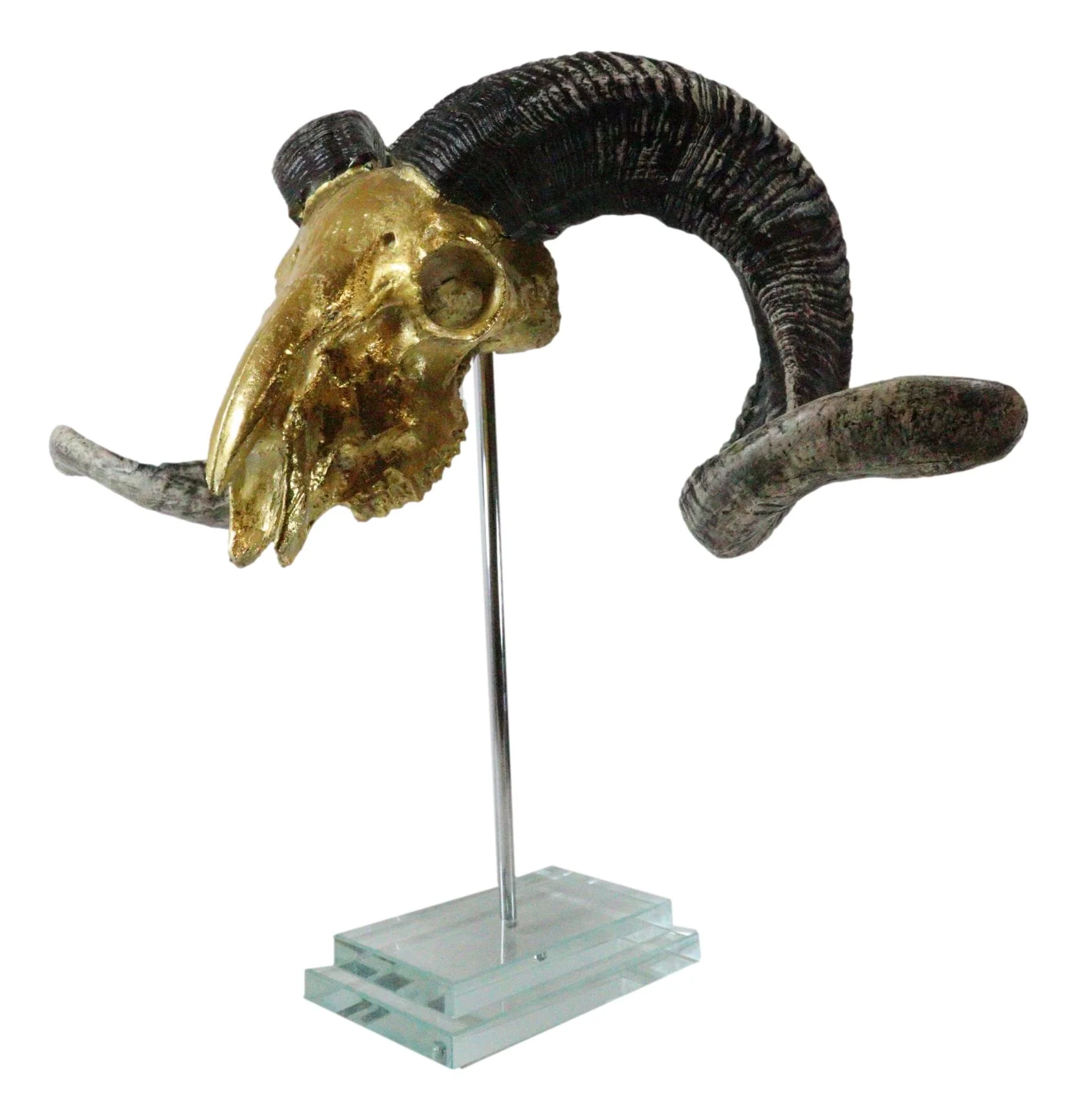 Electroplated Gold Realistic Bighorn Sheep Ram Skull Sculpture On Pole Stand - Image 7