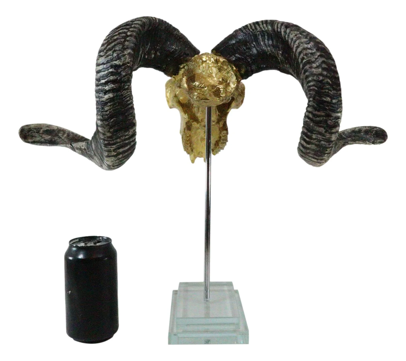 Electroplated Gold Realistic Bighorn Sheep Ram Skull Sculpture On Pole Stand - Image 8