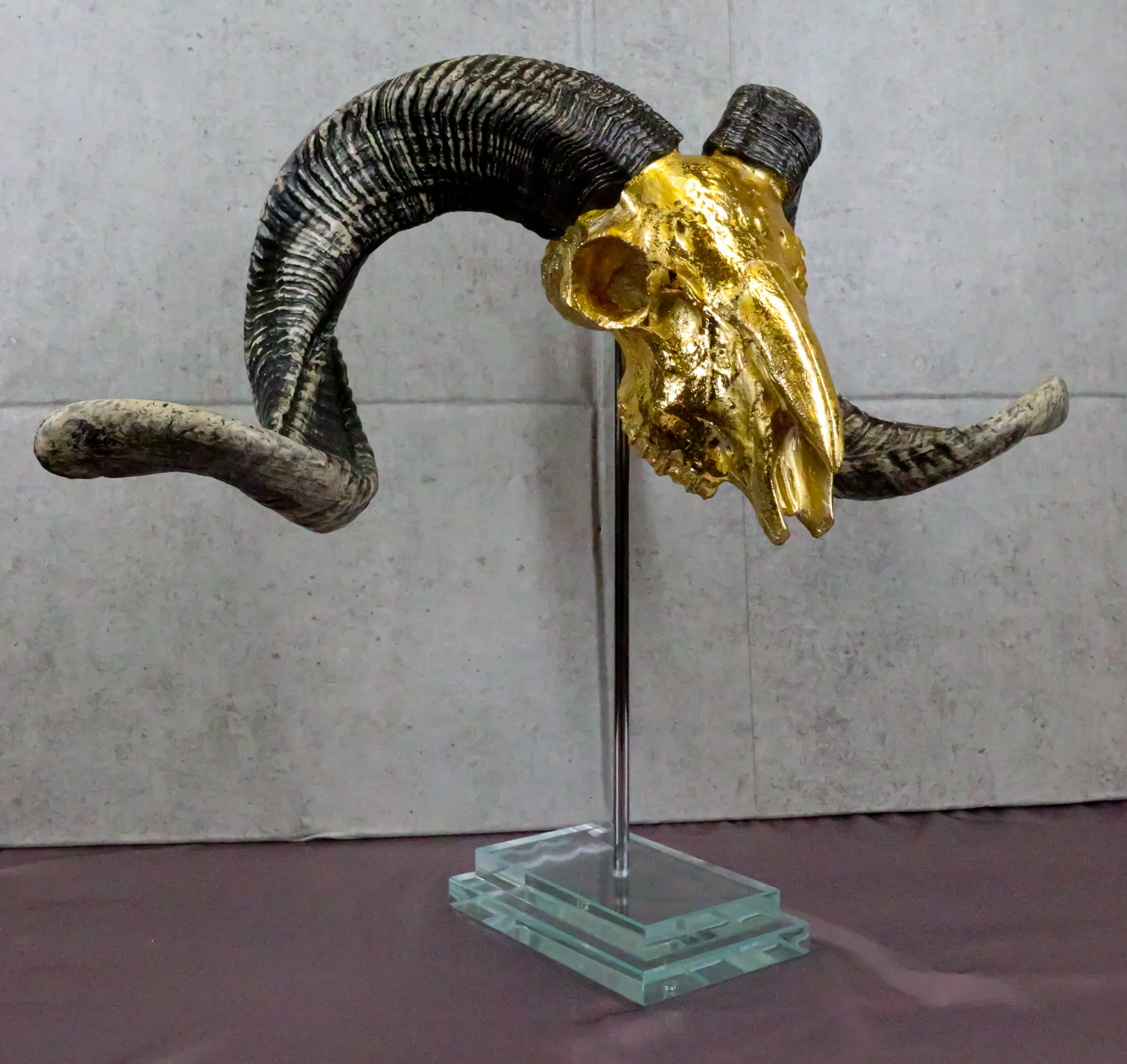Electroplated Gold Realistic Bighorn Sheep Ram Skull Sculpture On Pole Stand - Image 9