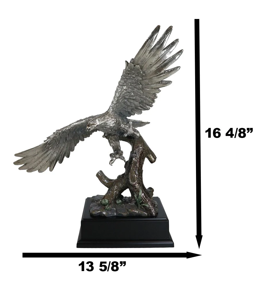 Electroplated Pewter Silver Bald Eagle With Open Wings Soaring Over Tree Statue - Image 2