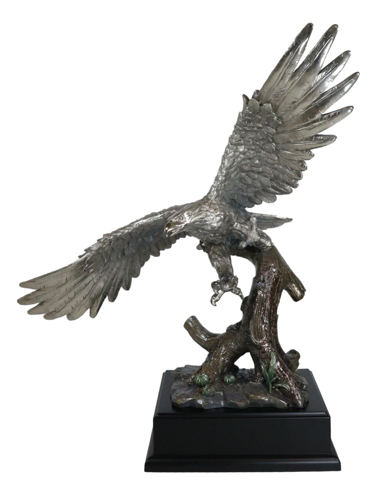 Electroplated Pewter Silver Bald Eagle With Open Wings Soaring Over Tree Statue - Image 3