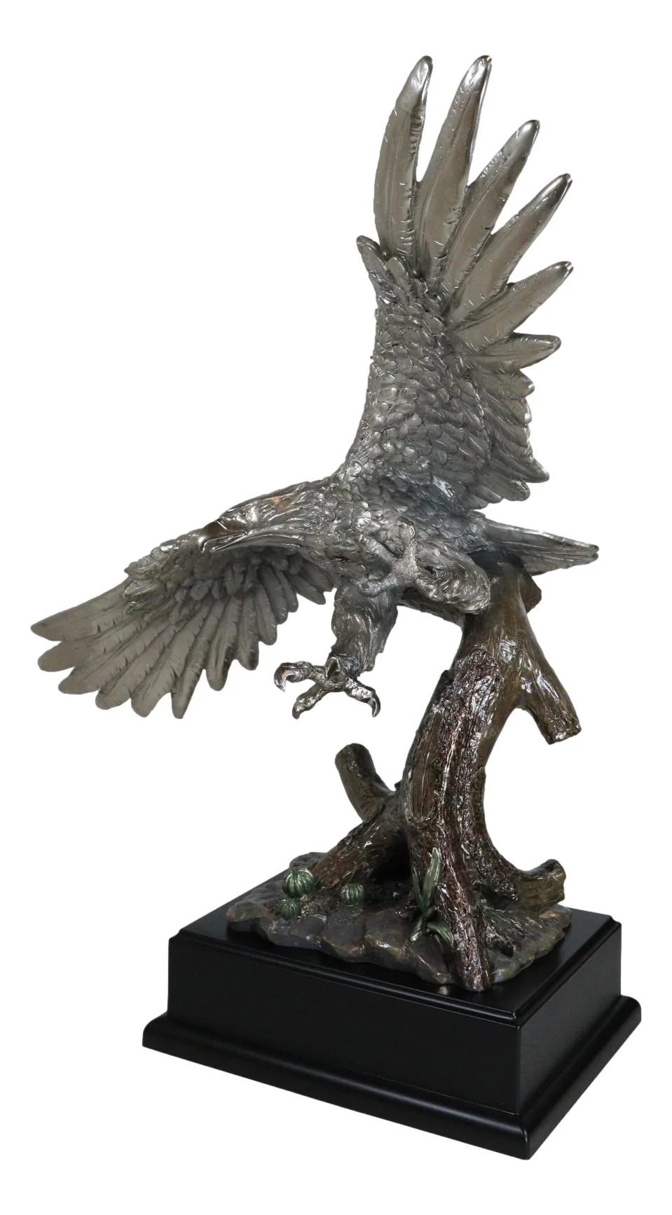 Electroplated Pewter Silver Bald Eagle With Open Wings Soaring Over Tree Statue - Image 4