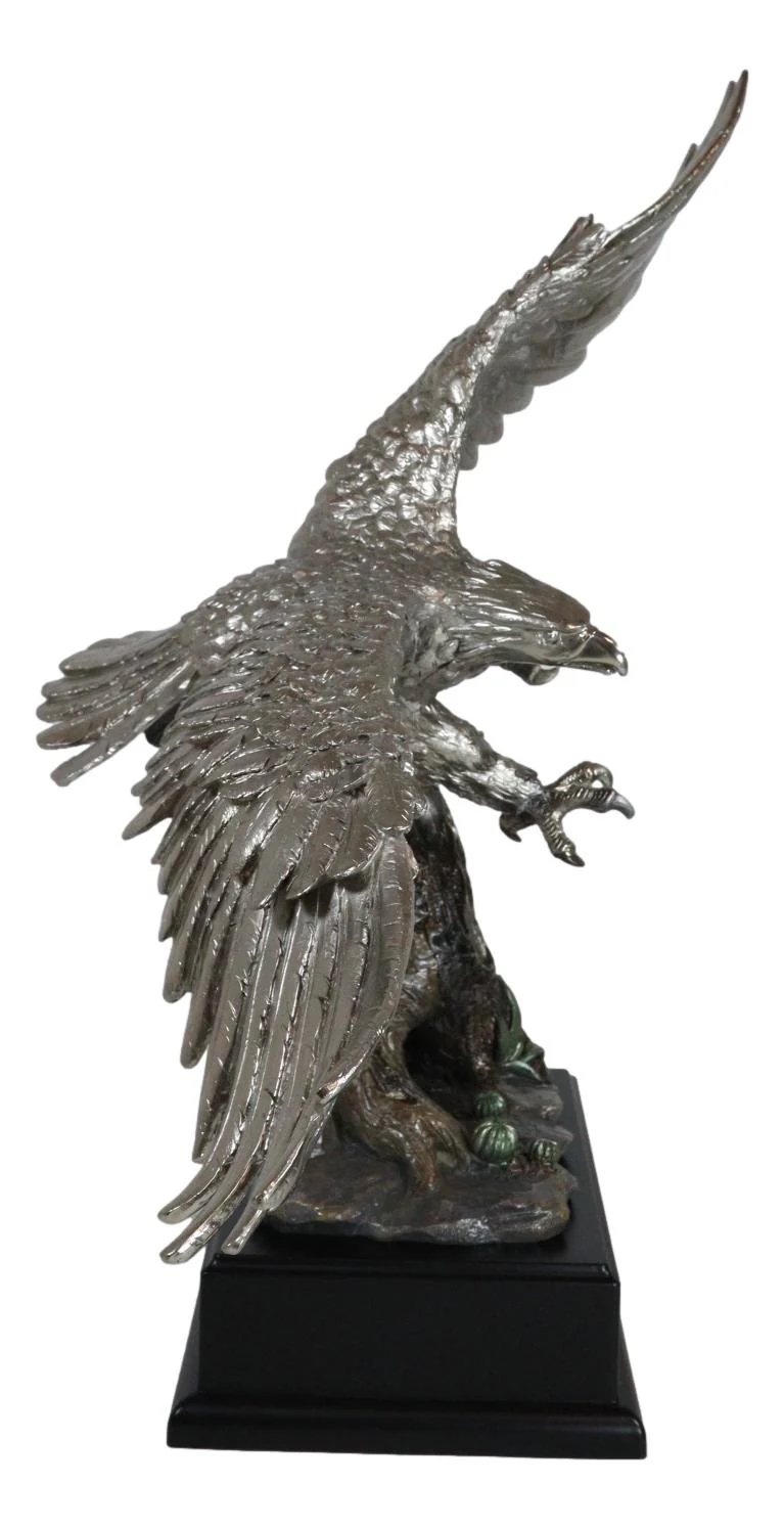 Electroplated Pewter Silver Bald Eagle With Open Wings Soaring Over Tree Statue - Image 6