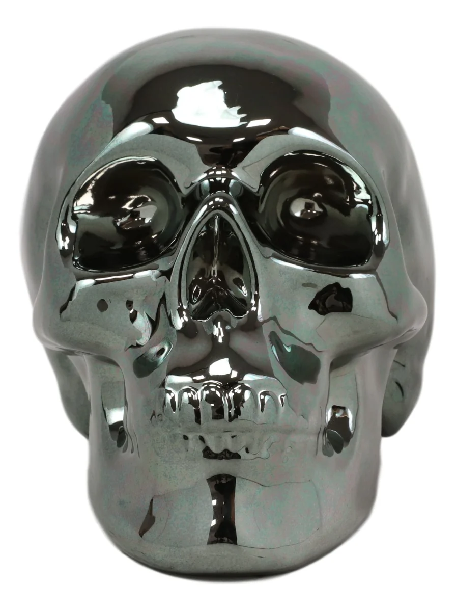 Electroplated Shiny Gunmetal Cranium Skull Head Money Bank Resin Figurine 7.5"L - Image 3