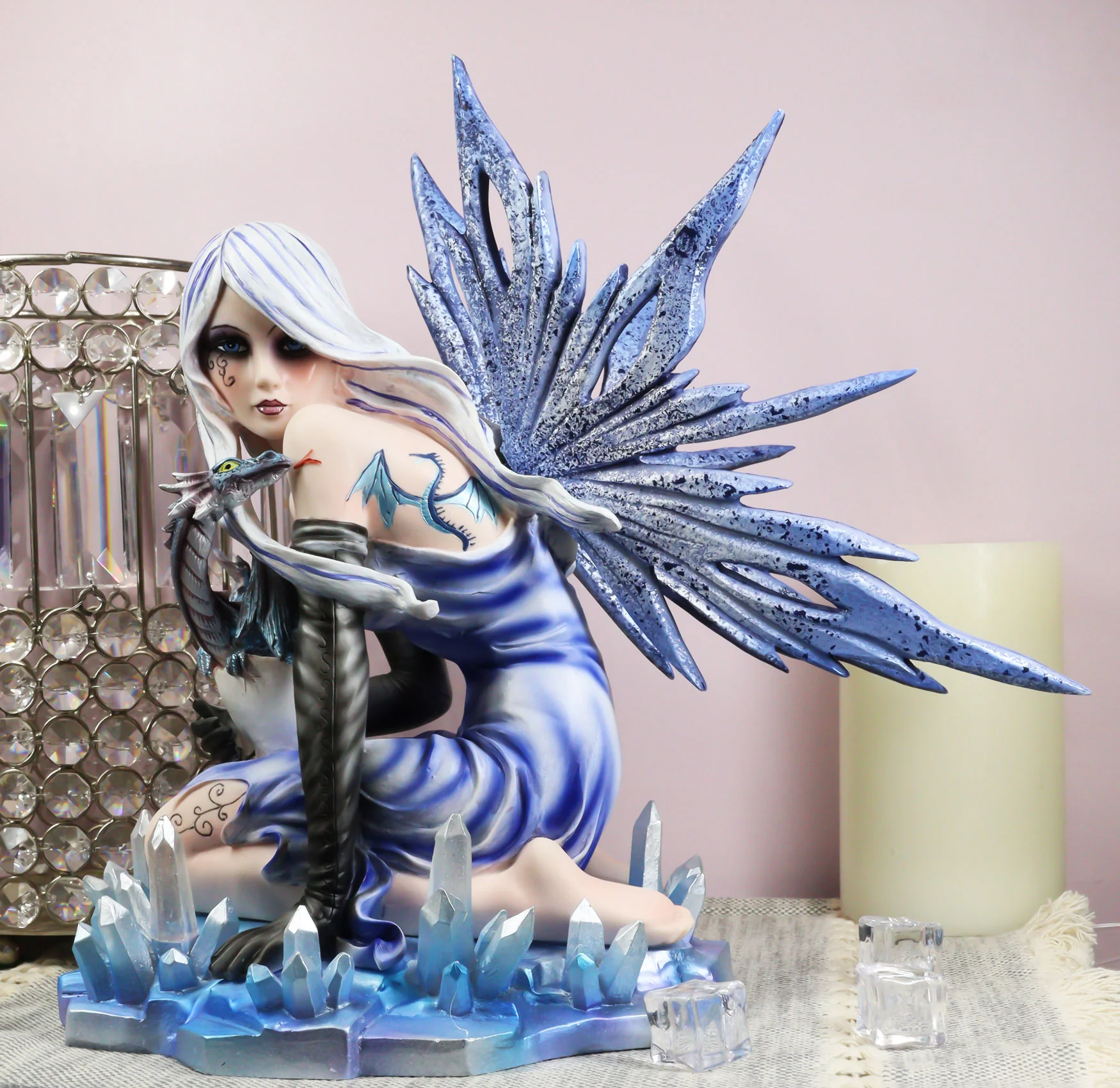 Elemental Ice Goddess Blue Fairy With Baby Dragon Hatchling Statue 12.25"Tall - Image 9