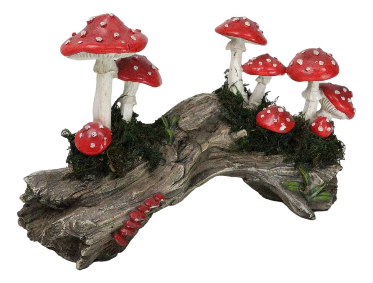Enchanted Fairy Garden Toadstool Mushrooms Forest On Moss Tree Log Figurine - Image 6