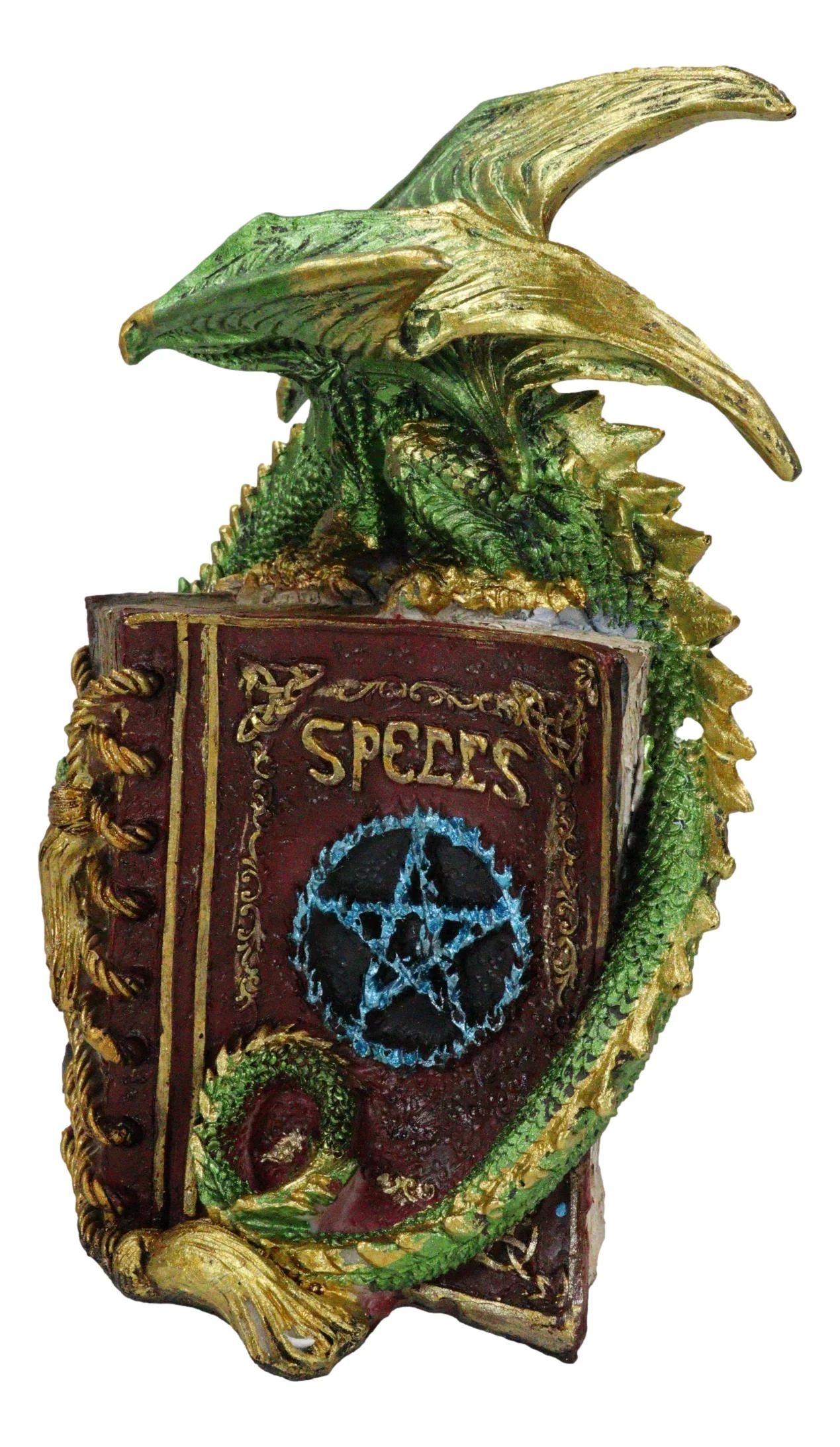 Fantasy Pentagram Green Dragon of Bibliography On Spells Book With LED Figurine - Image 2