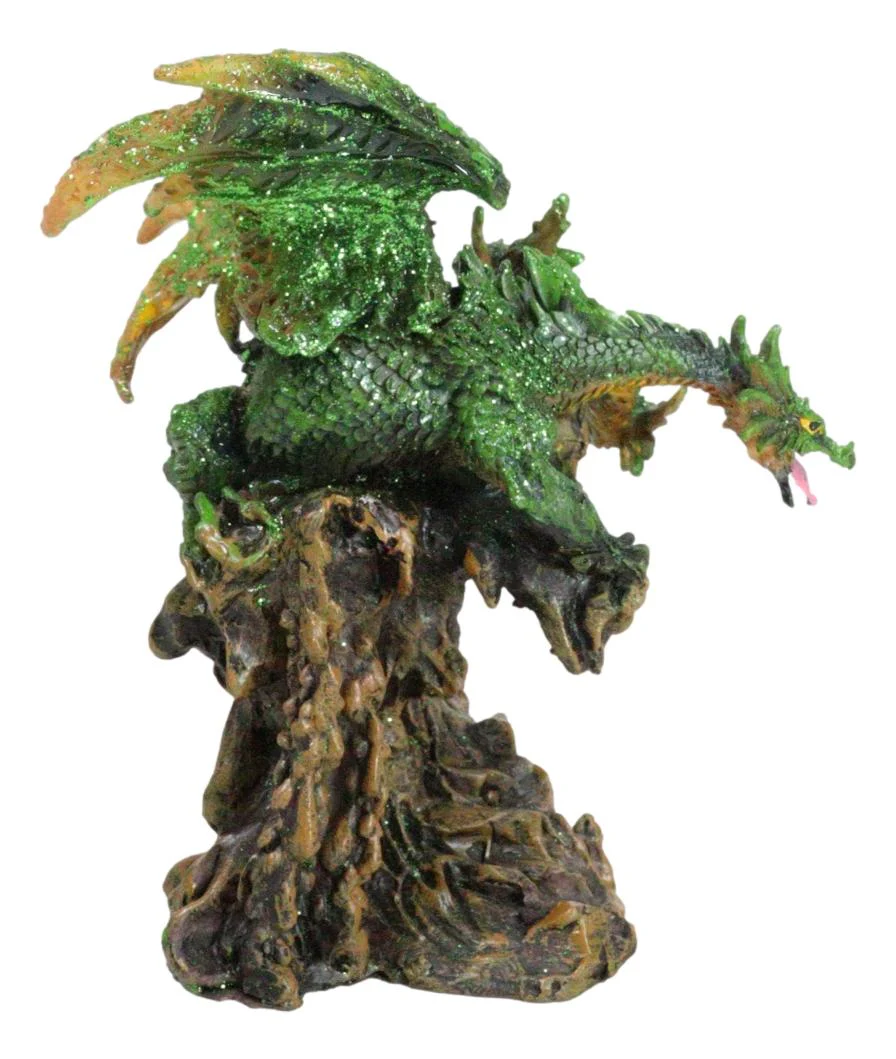 Fantasy Three Headed Green Dragon Hydra Perching On Ancient Tree Figurine 5"H - Image 4