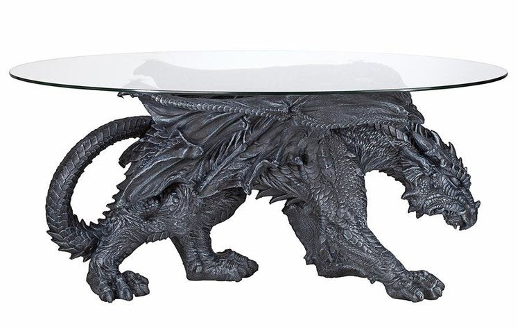 Faux Stone Medieval Gothic Prowling Dragon Sculptural Oval Coffee End Table - Image 5