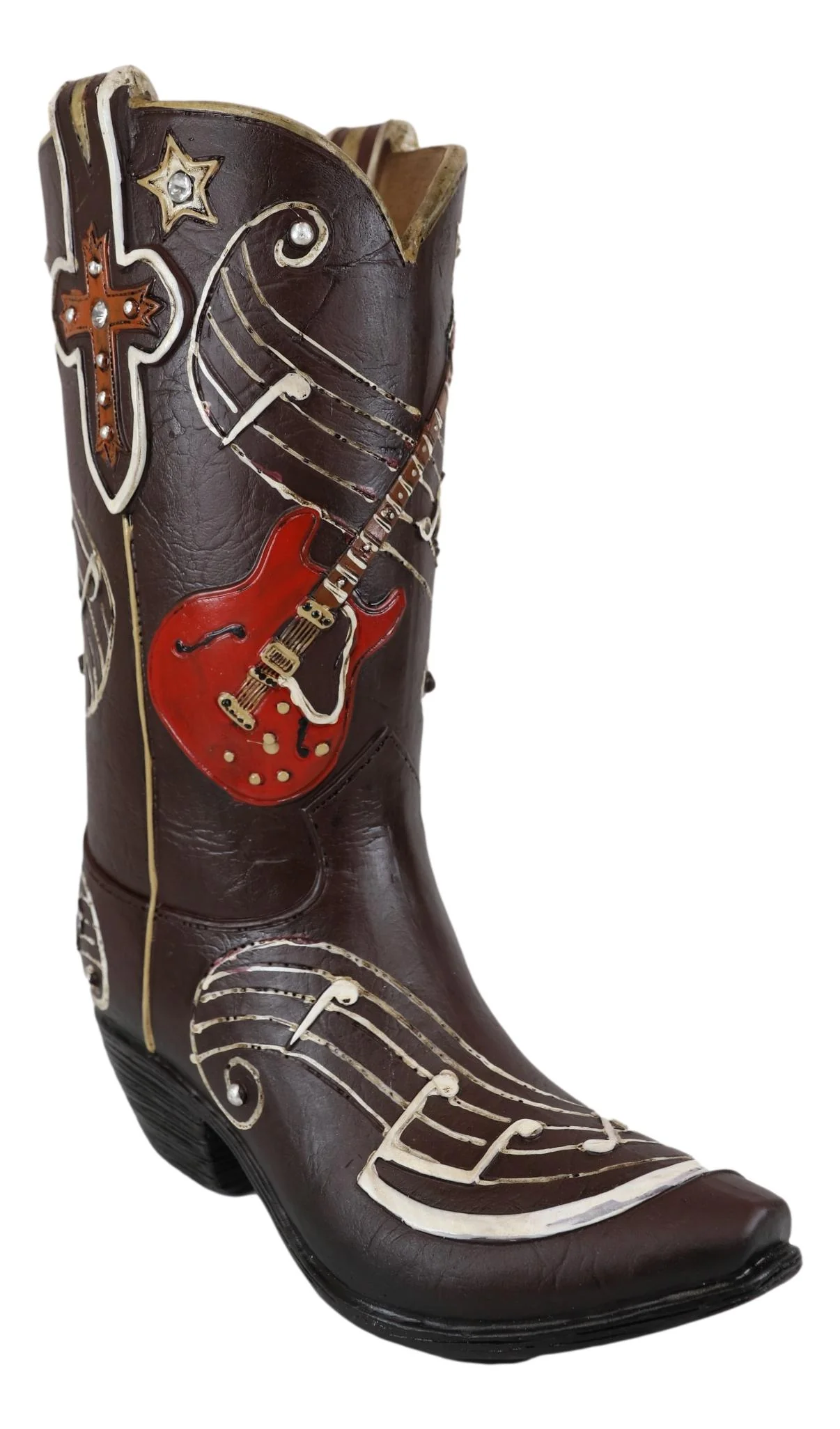 Faux Tooled Leather Cowboy Boot With Musical Notes And Guitar Vase Figurine - Image 3