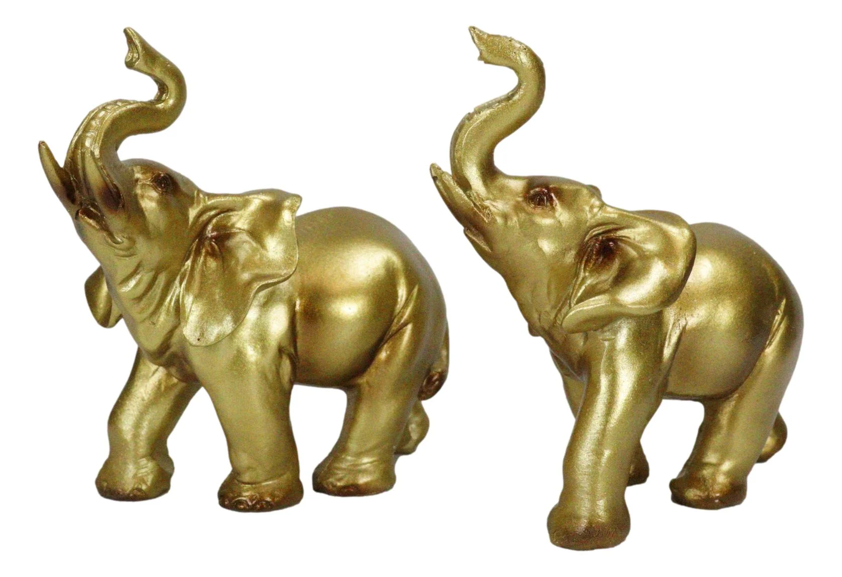 Feng Shui Gold Patina Elephant Left And Right Pair Figurines With Trunks Up - Image 3