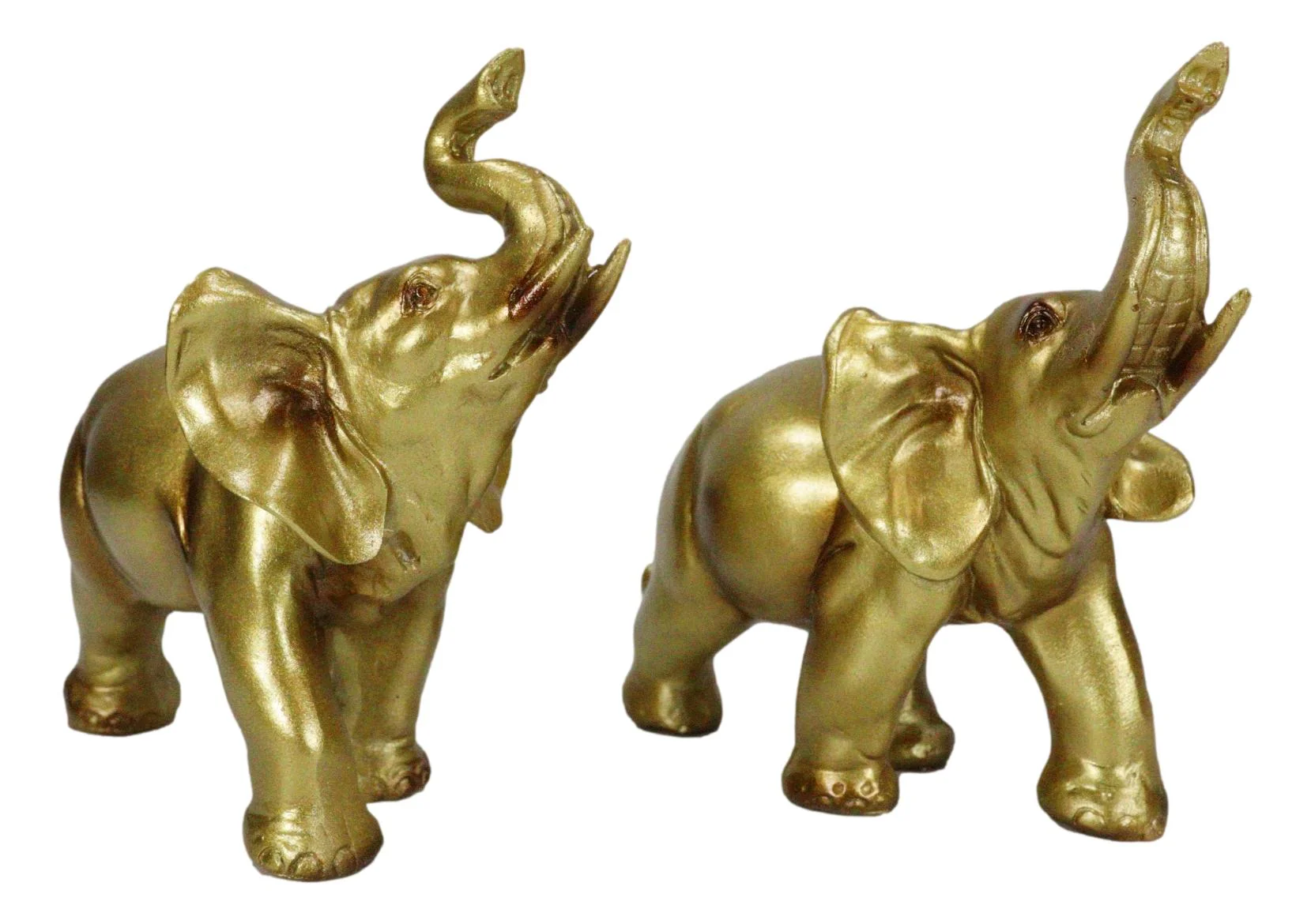 Feng Shui Gold Patina Elephant Left And Right Pair Figurines With Trunks Up - Image 4
