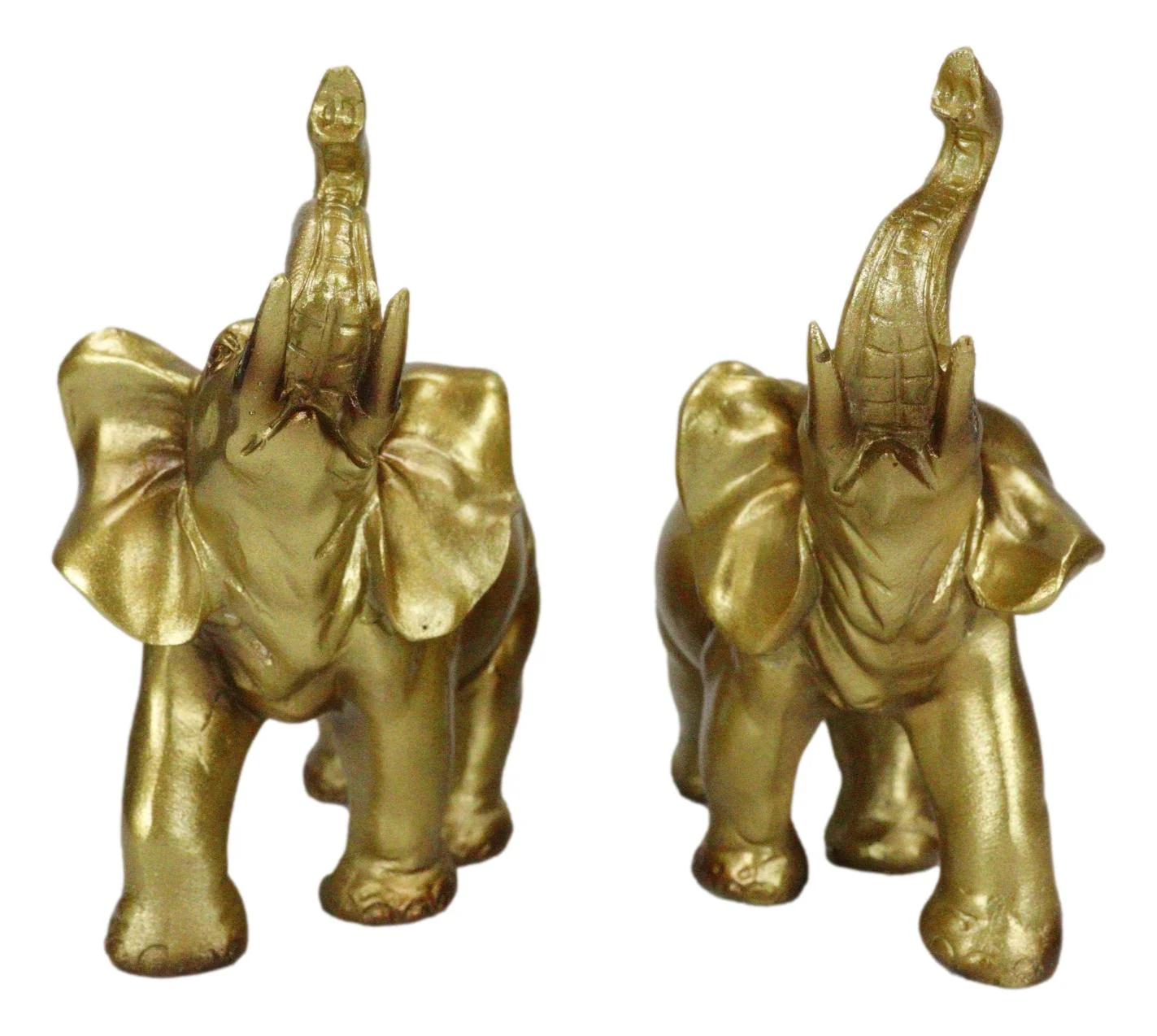 Feng Shui Gold Patina Elephant Left And Right Pair Figurines With Trunks Up - Image 5