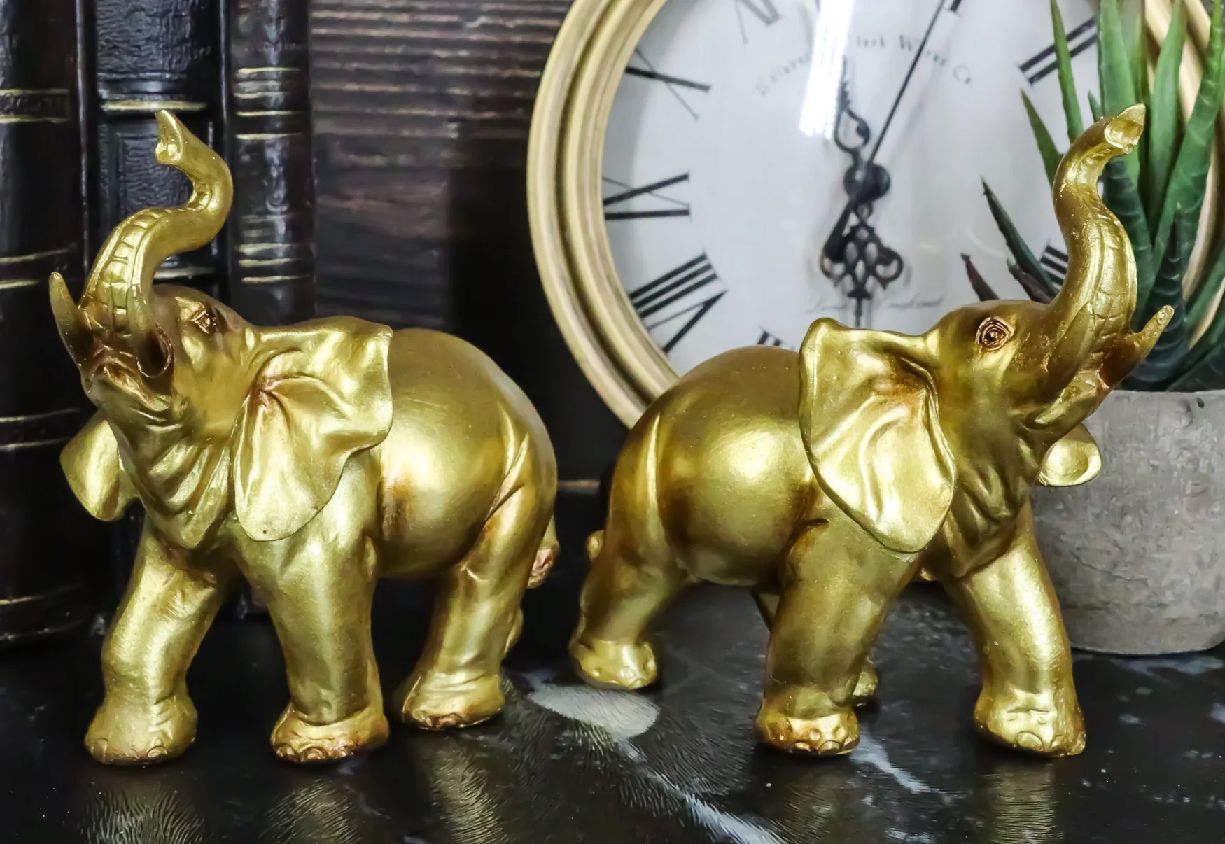 Feng Shui Gold Patina Elephant Left And Right Pair Figurines With Trunks Up - Image 7