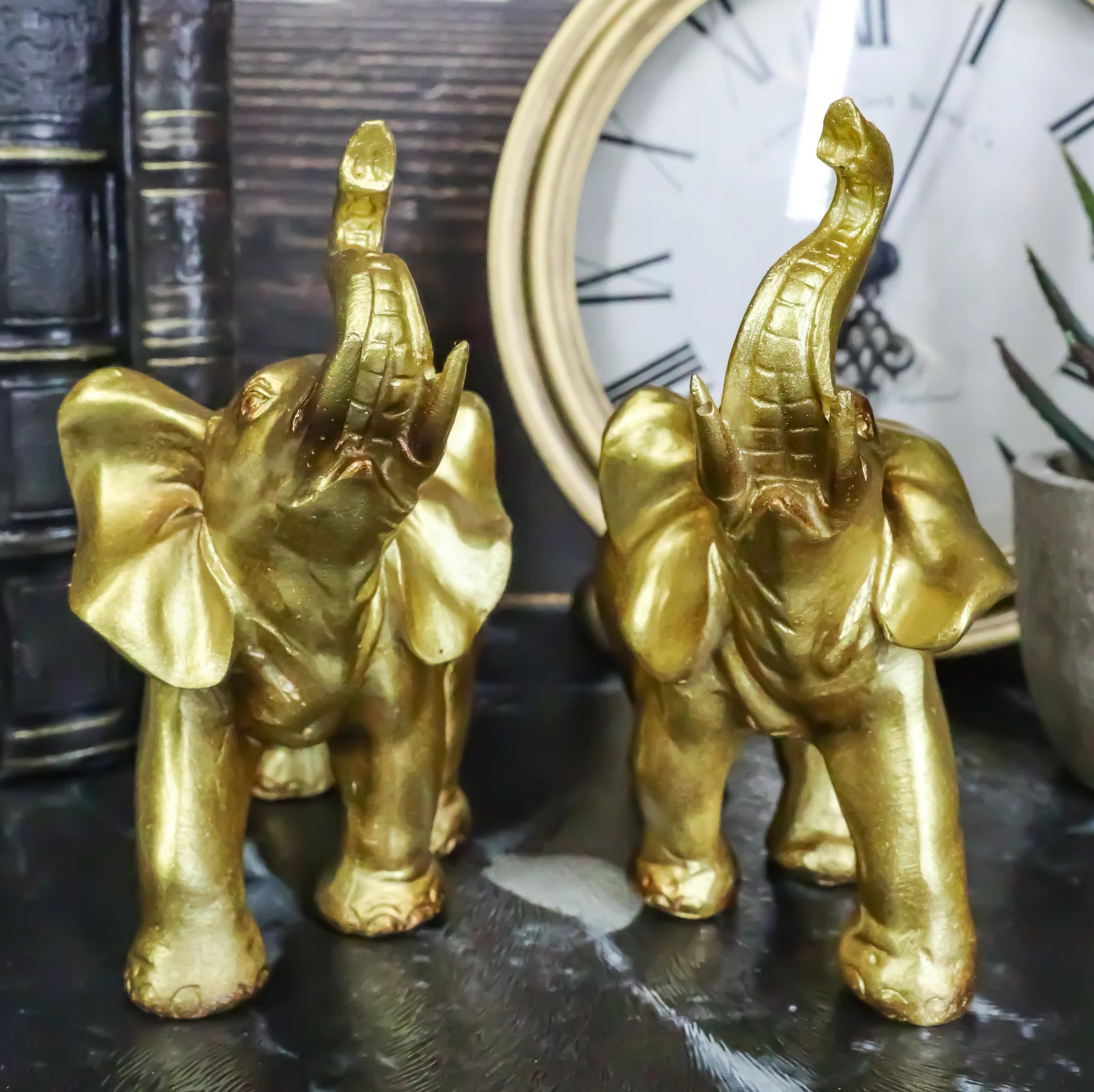 Feng Shui Gold Patina Elephant Left And Right Pair Figurines With Trunks Up - Image 9