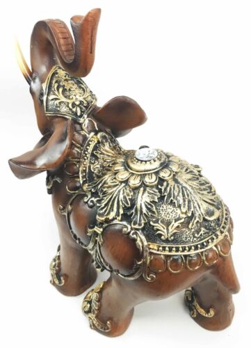 Feng Shui Wood Finished Resin Majestic Asian Elephant With Trunk Up Figurine - Image 3