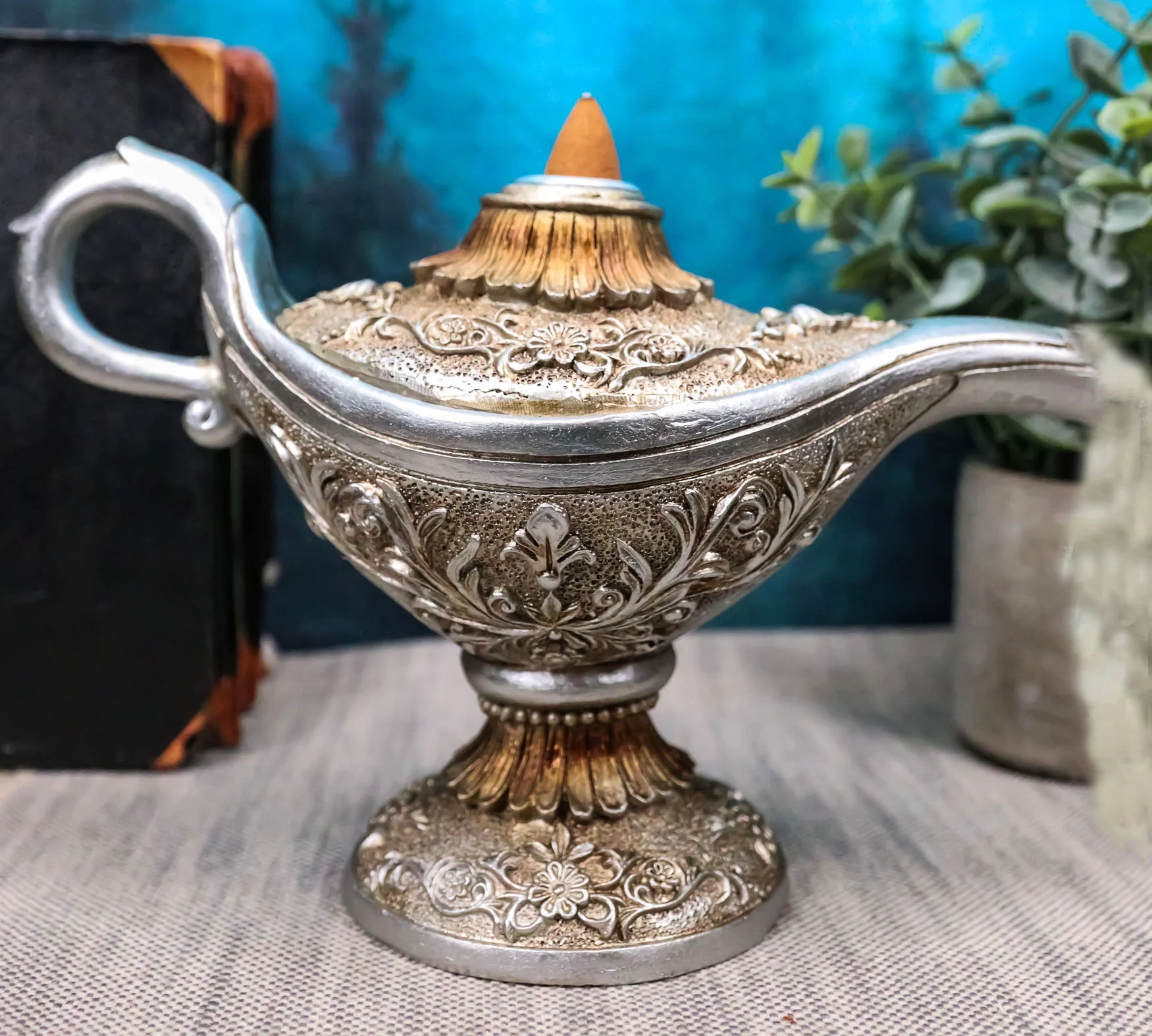 Floral Ornate Aladdin Genie Magical Lamp Backflow Incense Cone Burner Figurine - Image 7