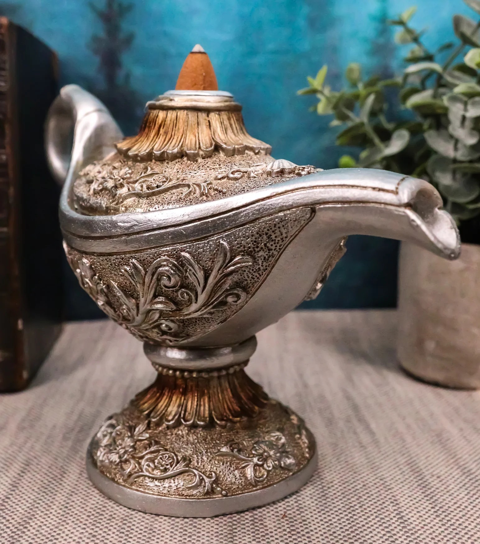 Floral Ornate Aladdin Genie Magical Lamp Backflow Incense Cone Burner Figurine - Image 8