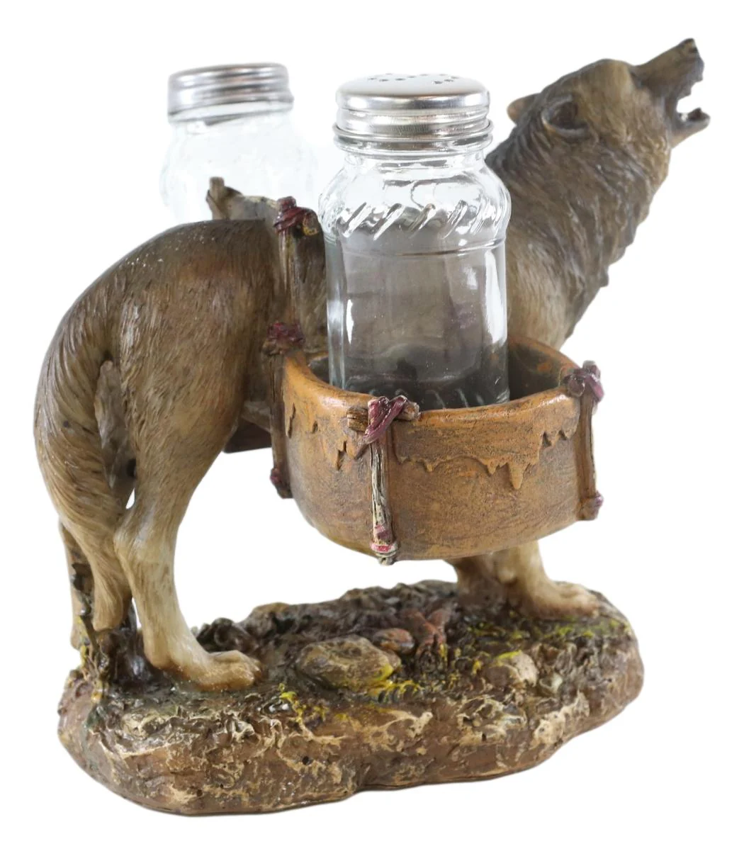 Full Moon Alpha Gray Wolf With Saddlebags Salt & Pepper Shakers Holder Figurine - Image 4