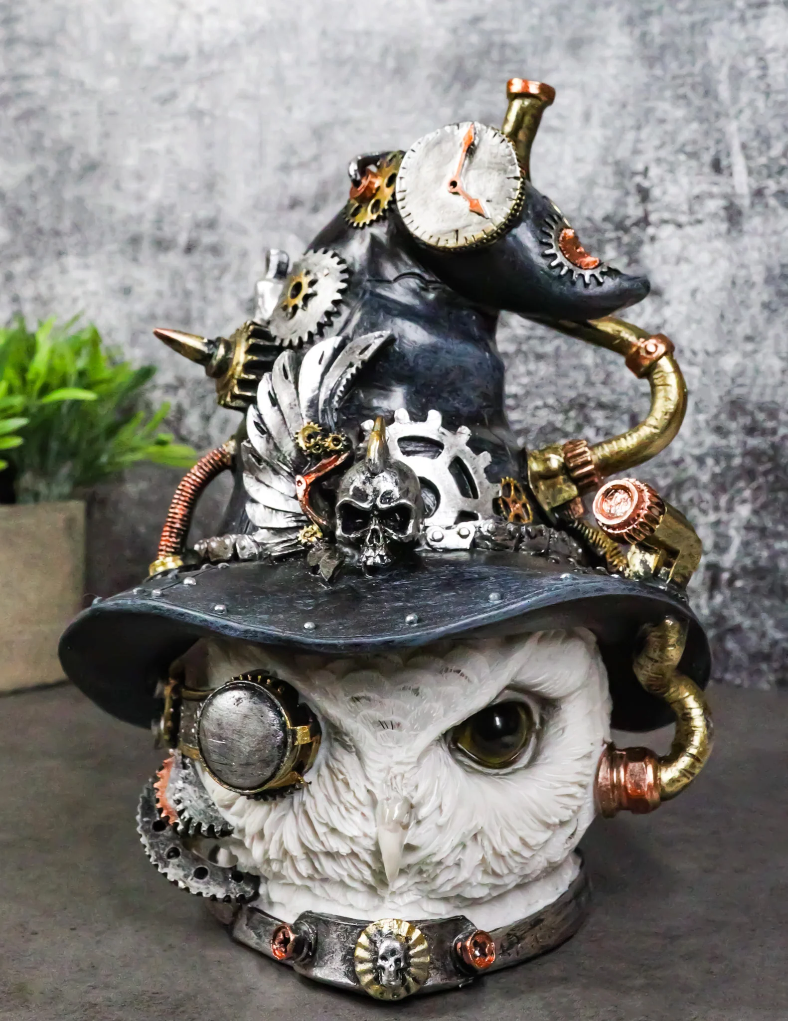 Geared Clockwork Pipes Valves Steampunk Owl With Winged Skull Witch Hat Figurine - Image 9