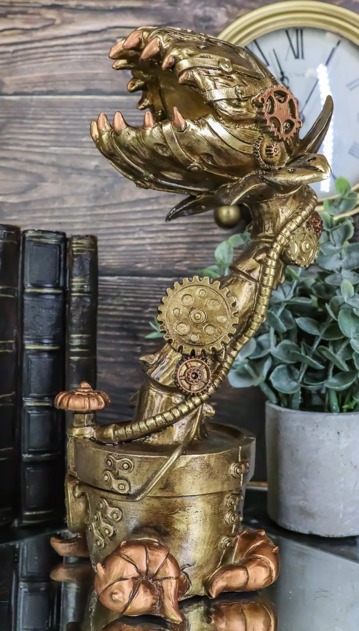 Geared Clockwork Vintage Steampunk Cyborg Venus Flytrap Plant In Pot Figurine - Image 10