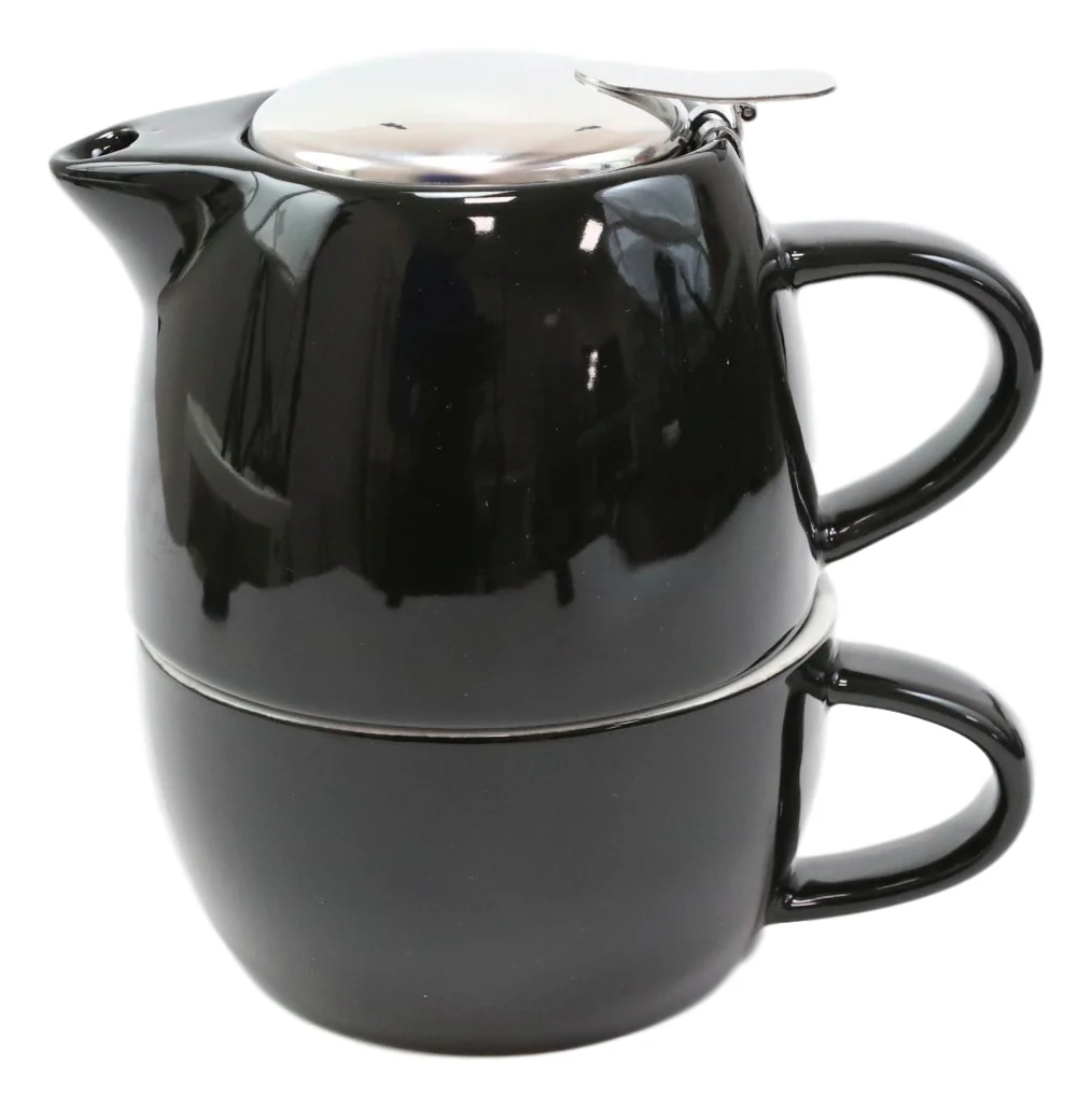 Glossy Black Contemporary Ceramic Stackable Teapot Set Single Tea Pot With Mug - Image 2