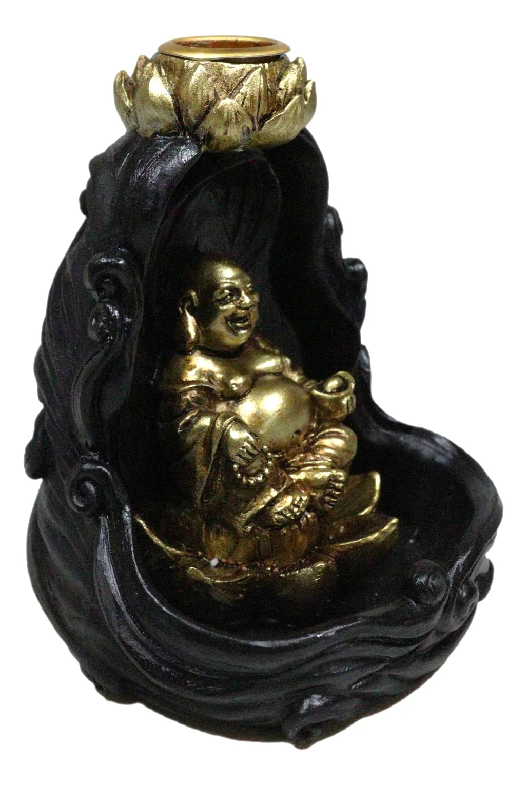 Golden Laughing Buddha Hotei On Black Cloud Lotus Backflow Incense Cone Burner - Image 5