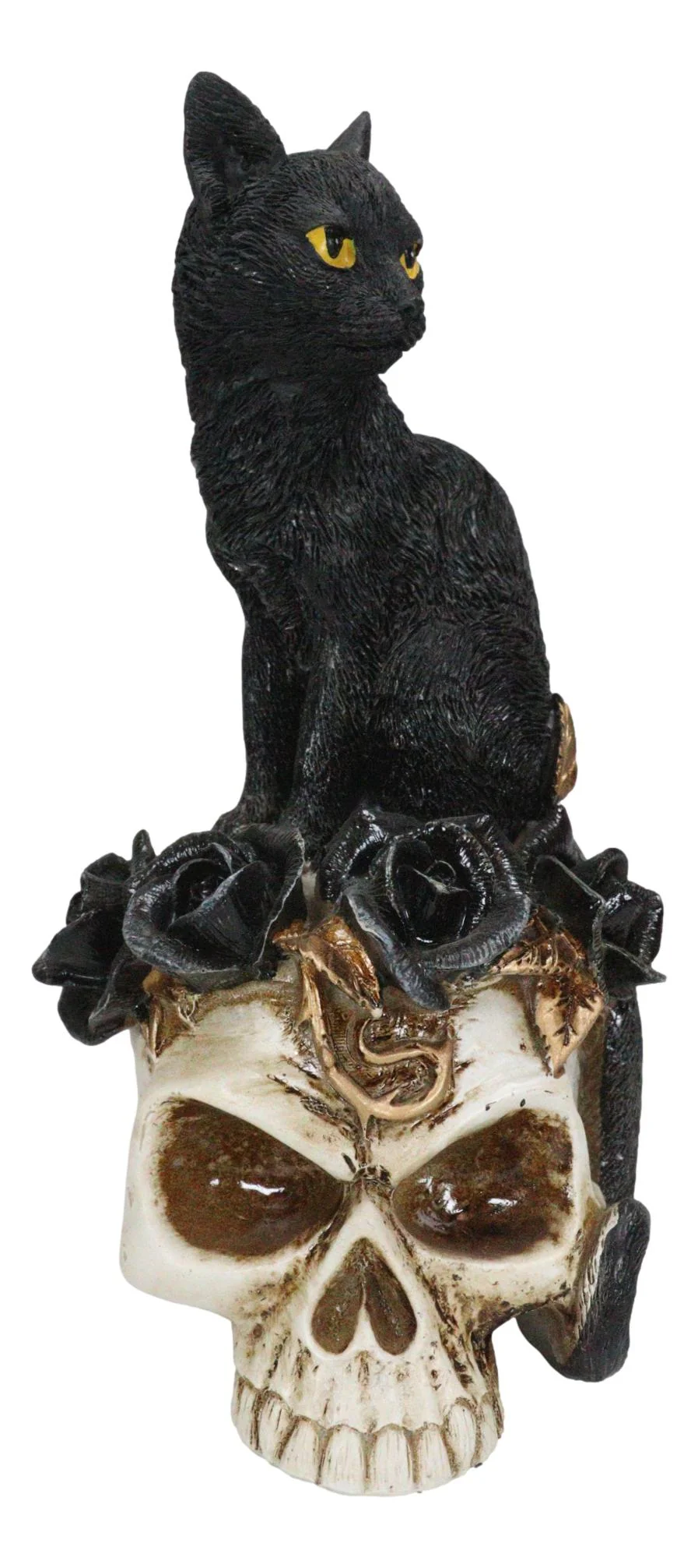 Gothic Black Feline Cat Sitting On Rose Vampire Skull Grimalkin's Ghost Figurine - Image 3