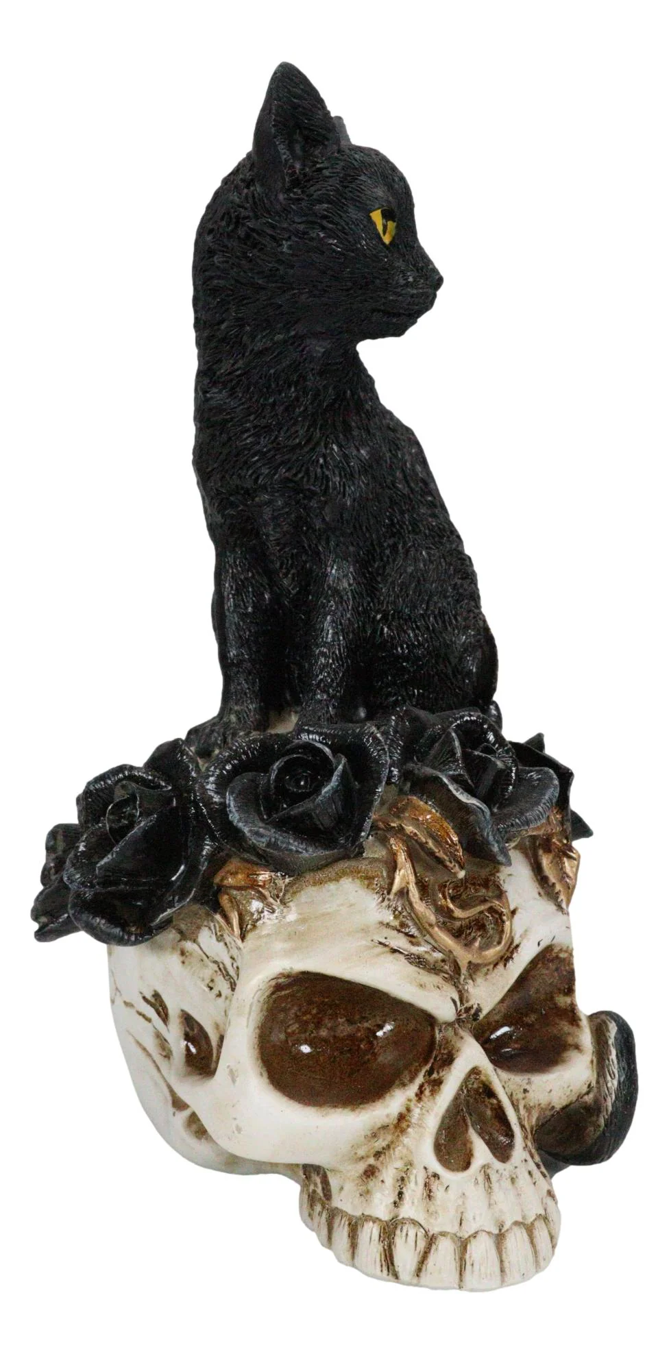 Gothic Black Feline Cat Sitting On Rose Vampire Skull Grimalkin's Ghost Figurine - Image 6
