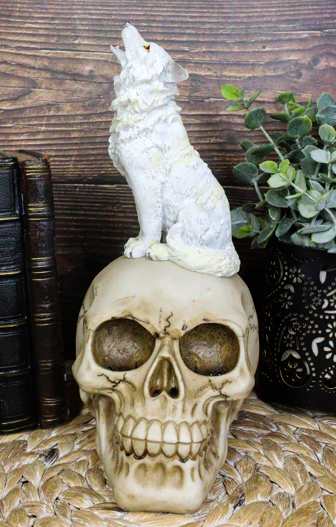 Gothic Full Moon Howling White Wolf Sitting On Graveyard Macabre Skull Figurine - Image 7