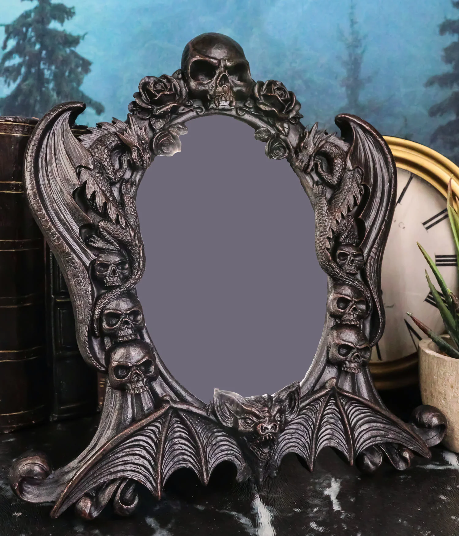 Gothic Nosferatu Vampire Dragons Bat Skulls Roses Table Or Wall Hanging Mirror - Image 7